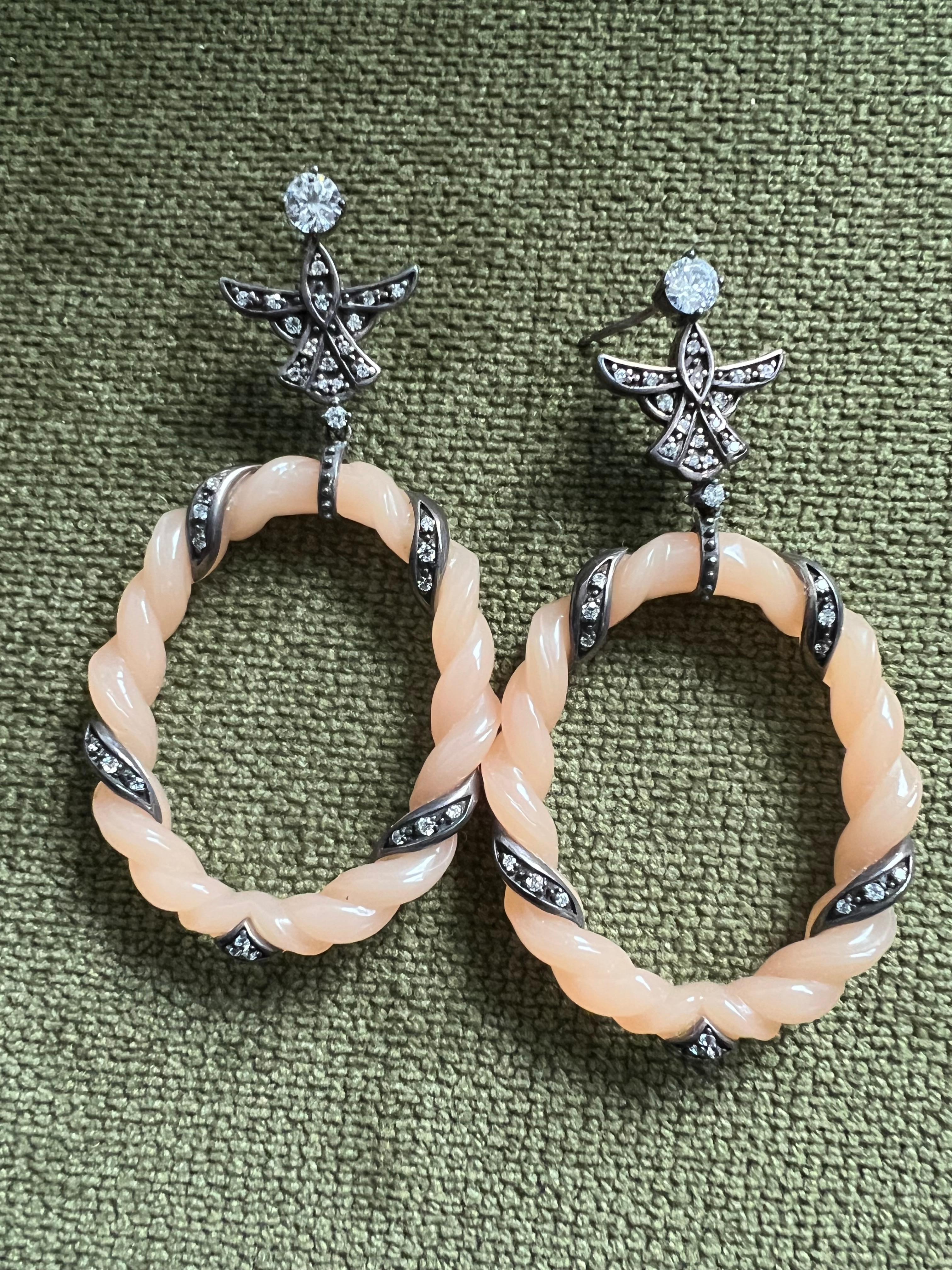 Miriam Salat Sterling Silver and Ivory Color Resin Earrings Set with White Topaz For Sale 6