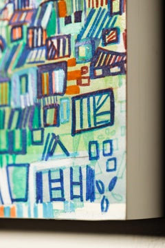 "North Broad" Abstract cityscape, geometric pattern, triangle, mixed media panel