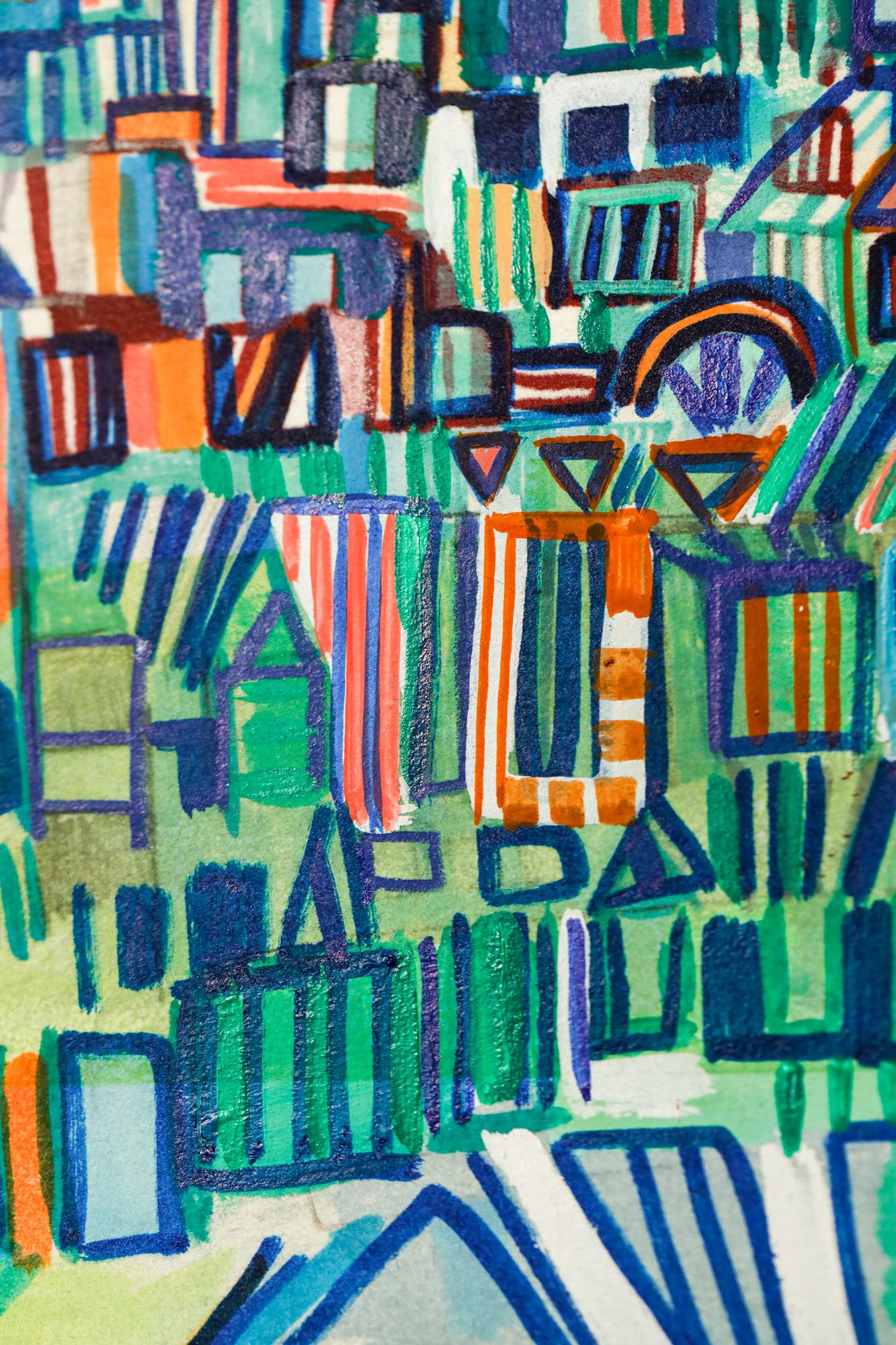 « North Broad », paysage urbain abstrait, motif géométrique, triangle, panneau multimédia - Contemporain Painting par Miriam Singer