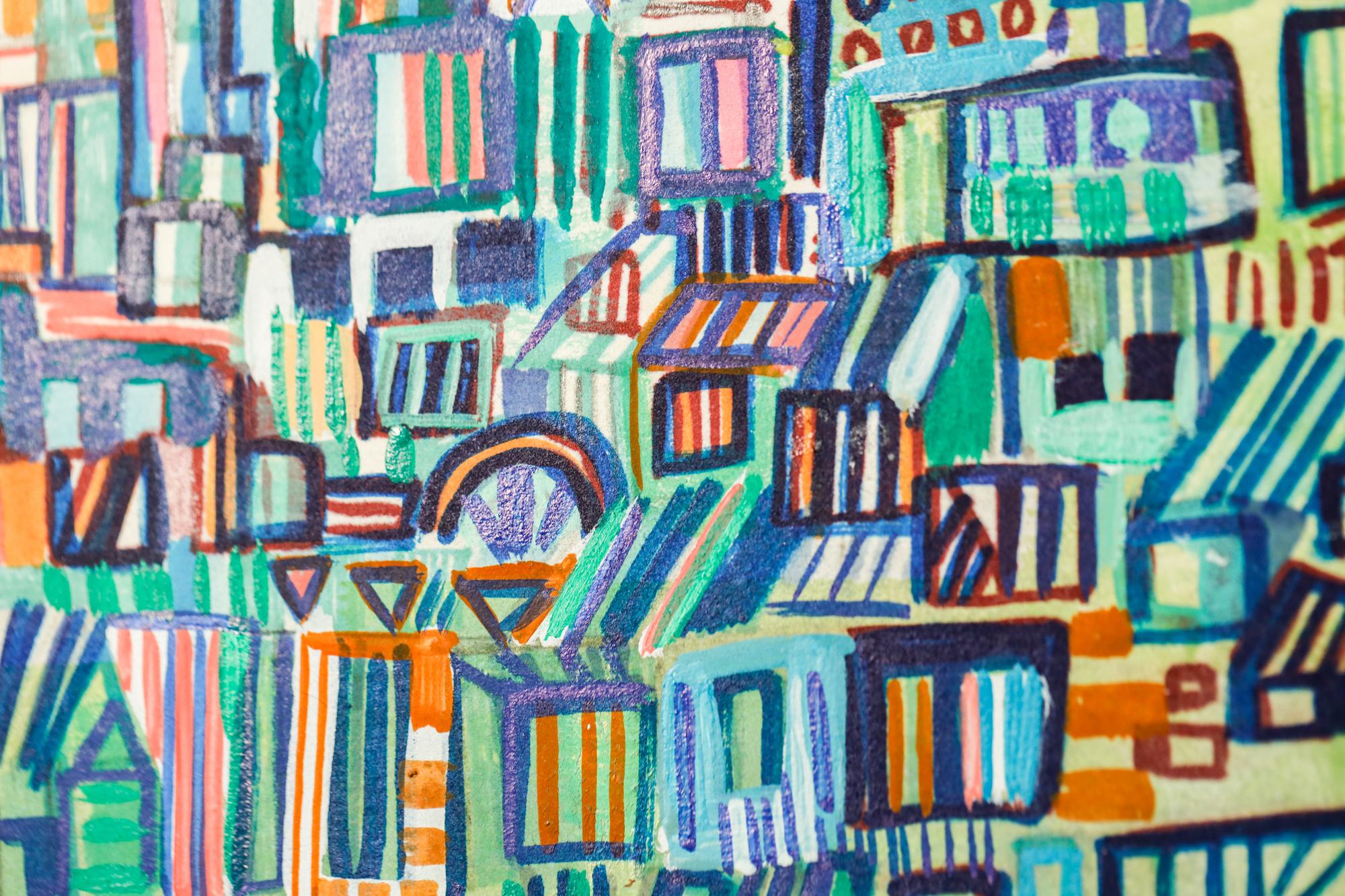 « North Broad », paysage urbain abstrait, motif géométrique, triangle, panneau multimédia - Bleu Landscape Painting par Miriam Singer