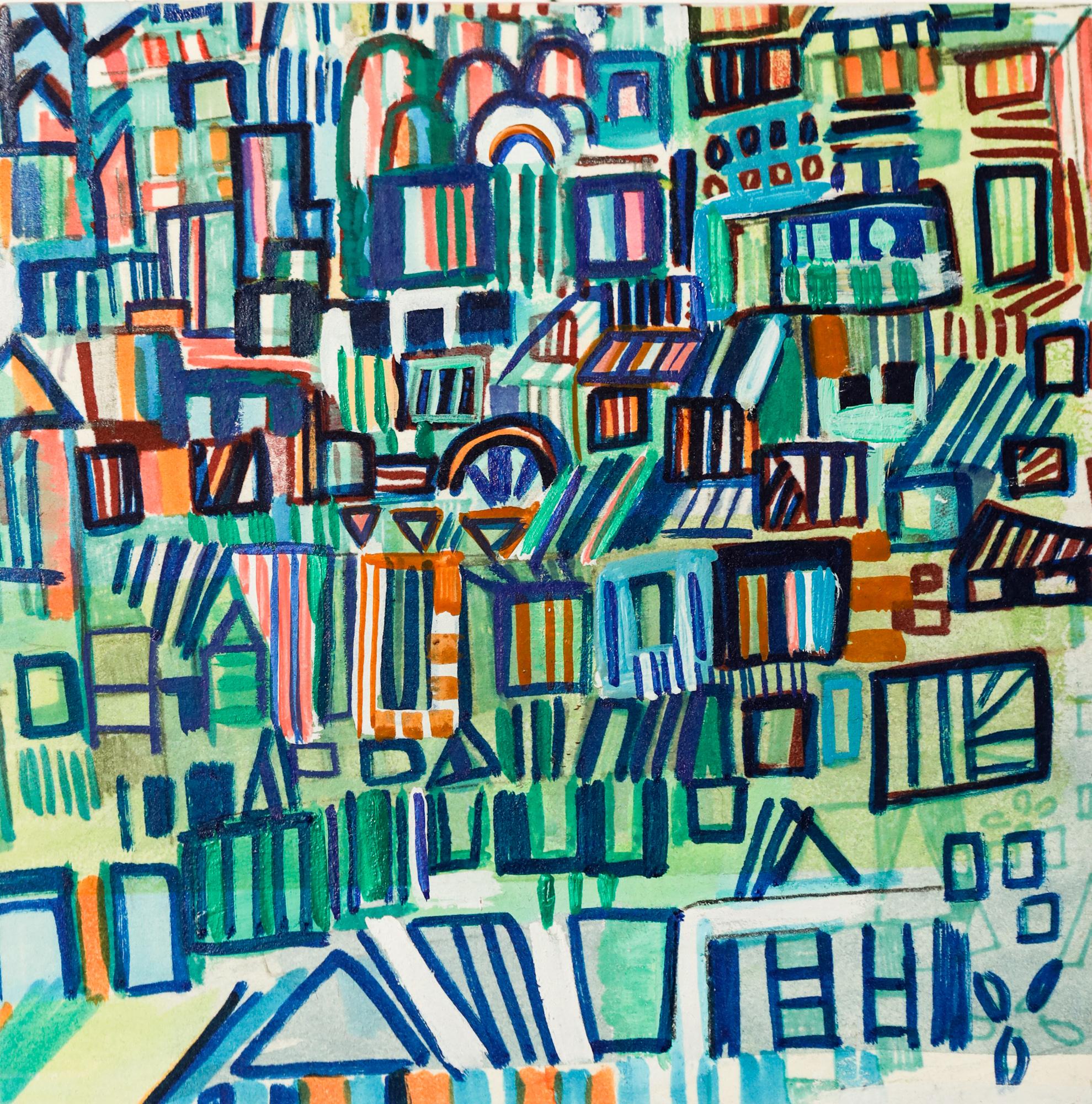Miriam Singer Landscape Painting - "North Broad" Abstract cityscape, geometric pattern, triangle, mixed media panel