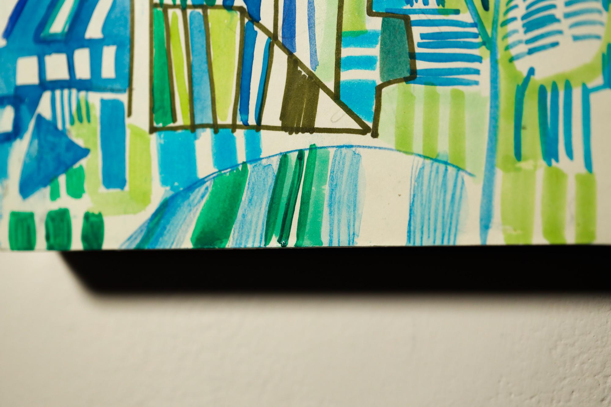 Paysage urbain abstrait, géométrique, arbres, aquarelle, marqueur en vente 5