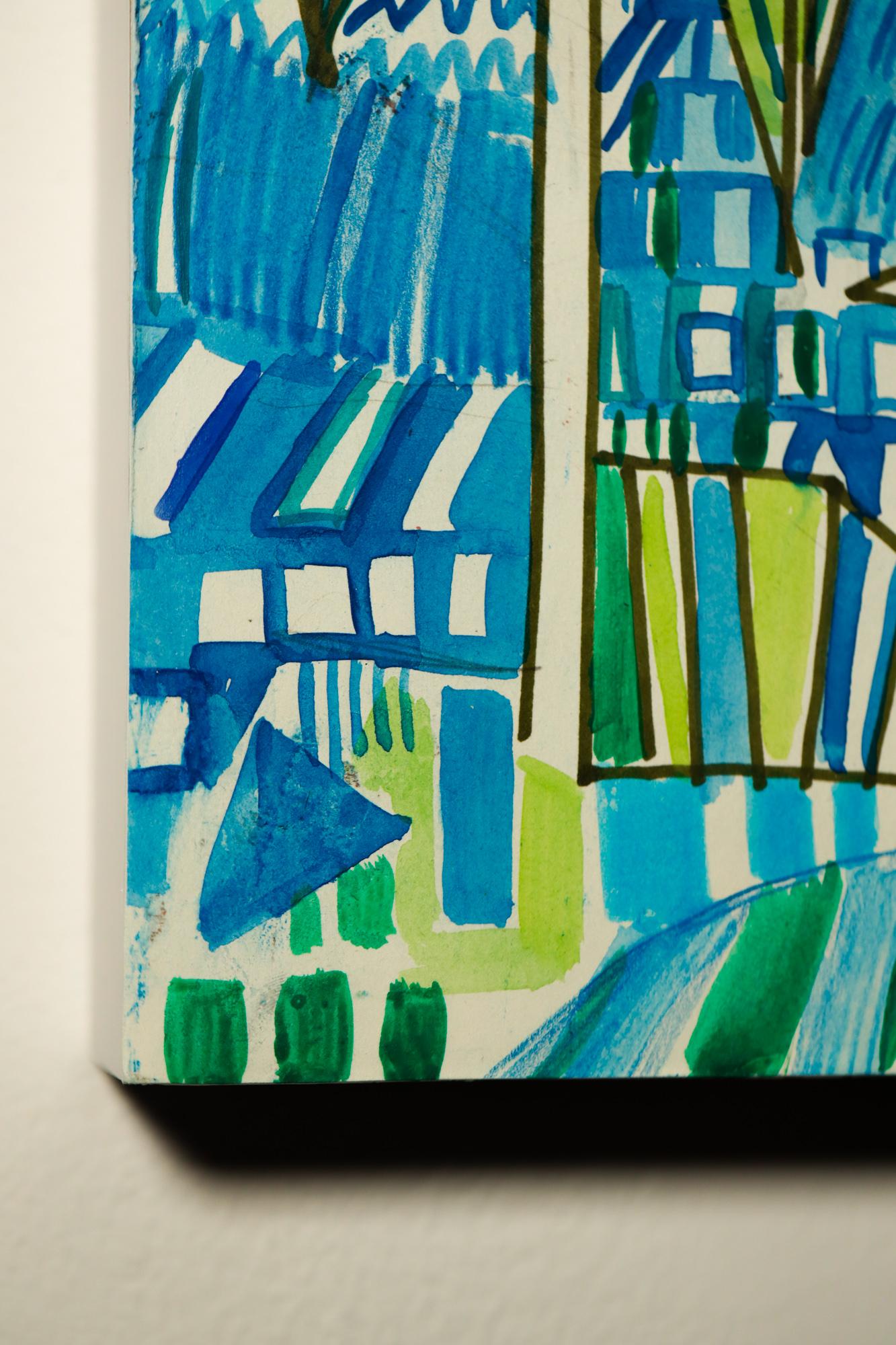 Paysage urbain abstrait, géométrique, arbres, aquarelle, marqueur - Art de Miriam Singer