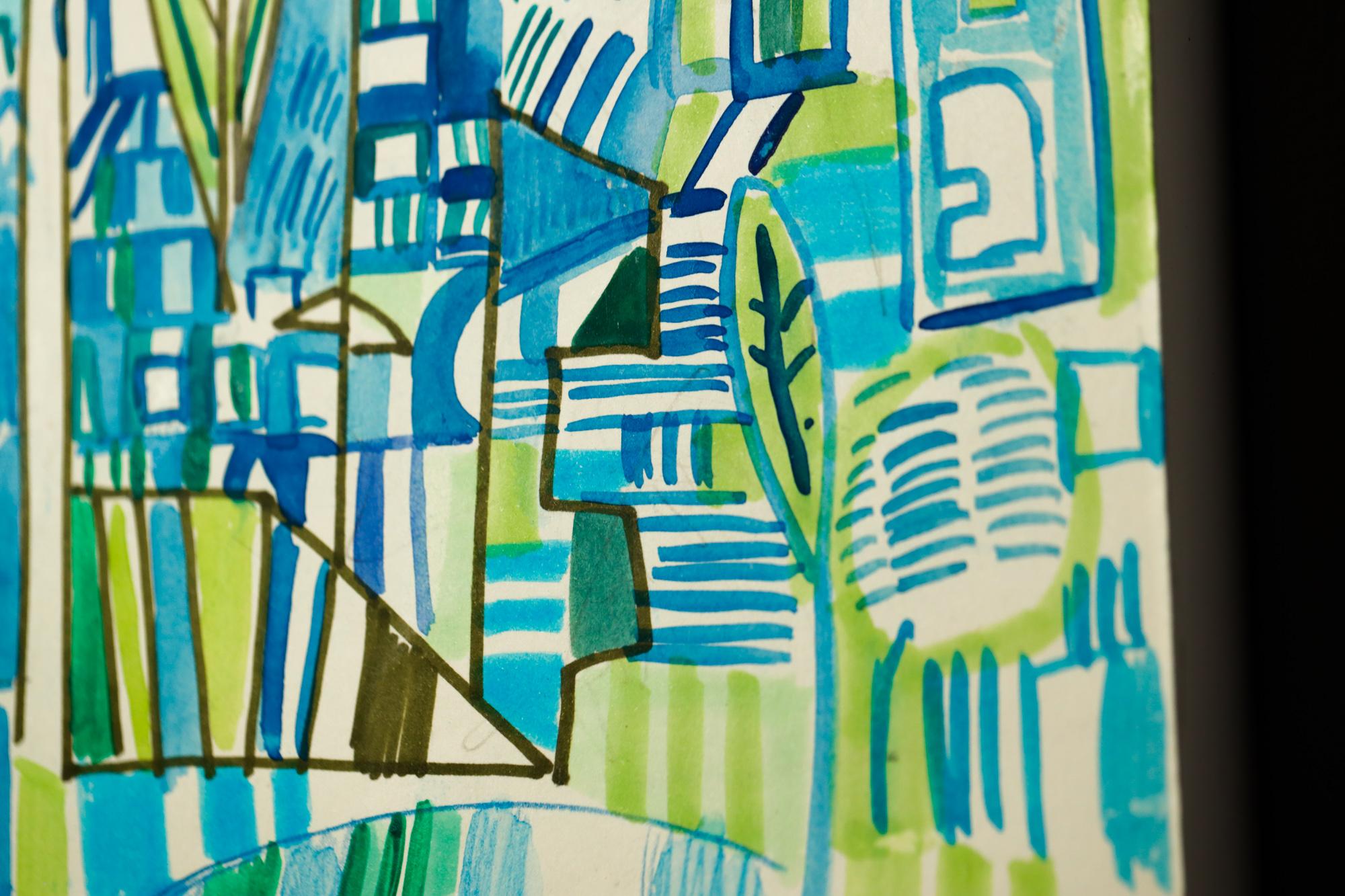 Abstrakte Stadtlandschaft „einer Tag nach dem nächsten“, geometrisch, Bäume, Aquarell, Marker (Blau), Abstract Drawing, von Miriam Singer