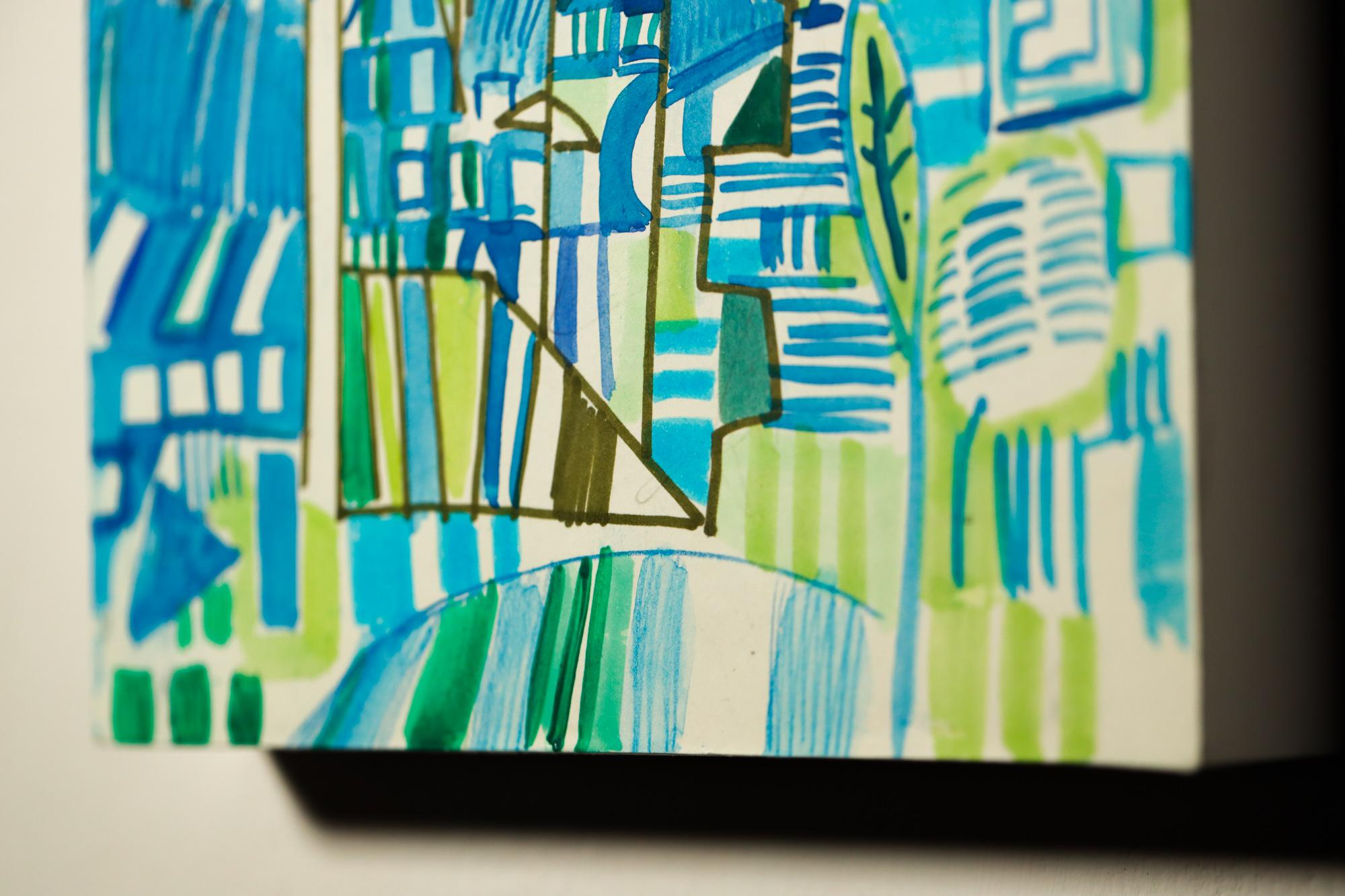 Paysage urbain abstrait, géométrique, arbres, aquarelle, marqueur en vente 2