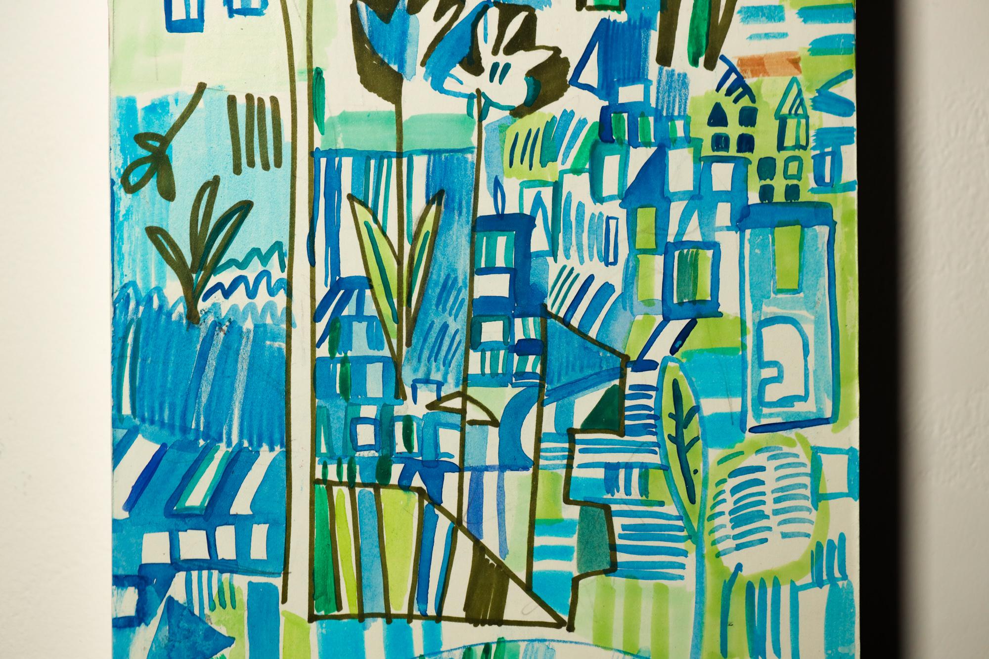 Paysage urbain abstrait, géométrique, arbres, aquarelle, marqueur en vente 4