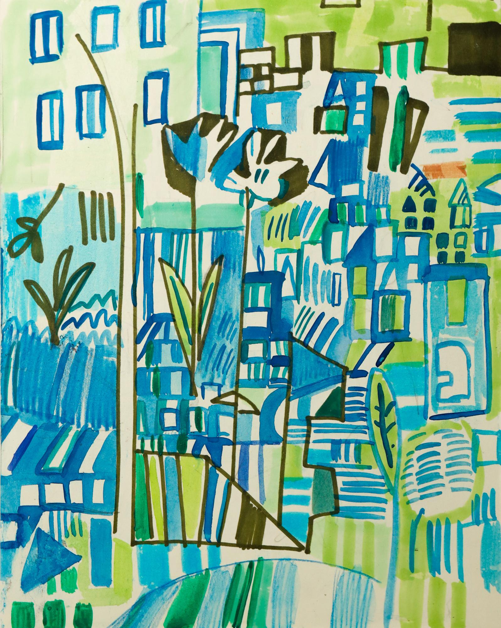 Miriam Singer Abstract Drawing – Abstrakte Stadtlandschaft „einer Tag nach dem nächsten“, geometrisch, Bäume, Aquarell, Marker