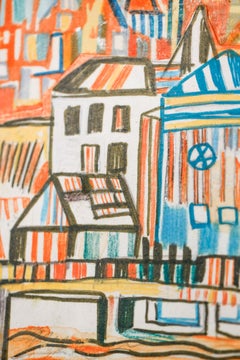 Abstrakte Stadtlandschaft „orange water“ mit Wassermotiv, geometrisch