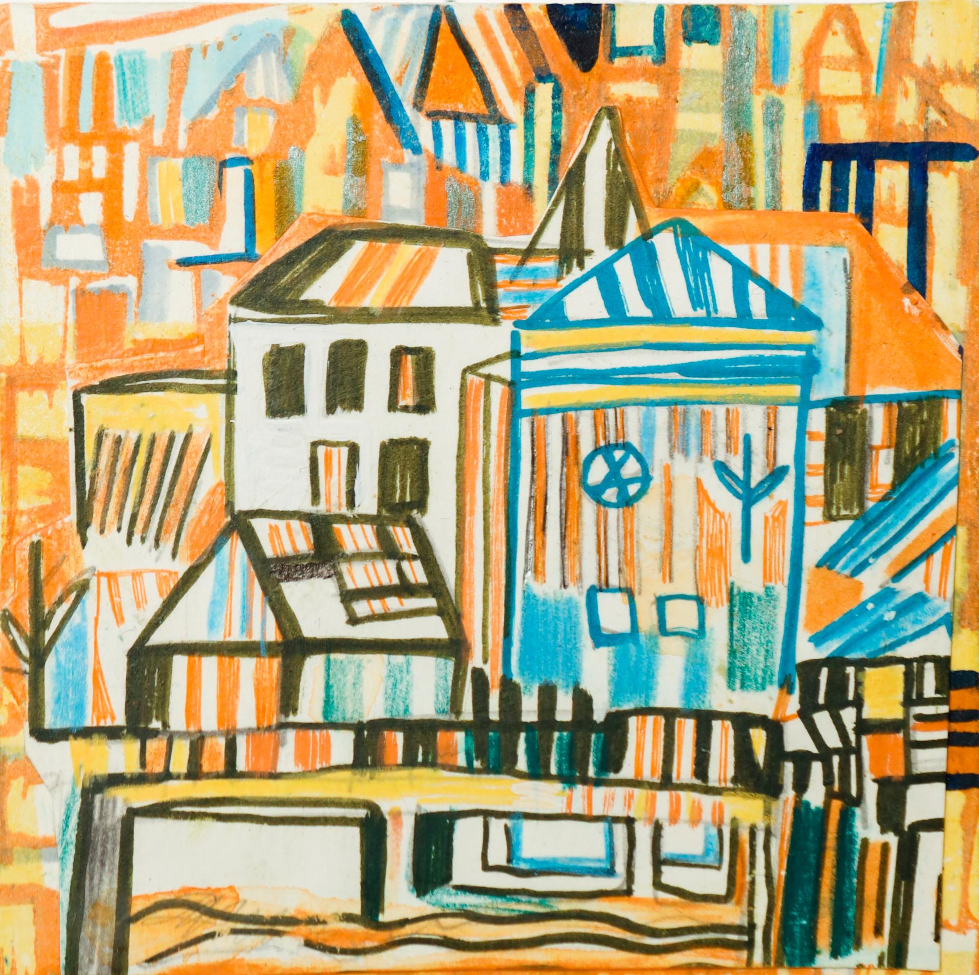 "orange water" abstract cityscape, water motif, geometric - Mixed Media Art by Miriam Singer