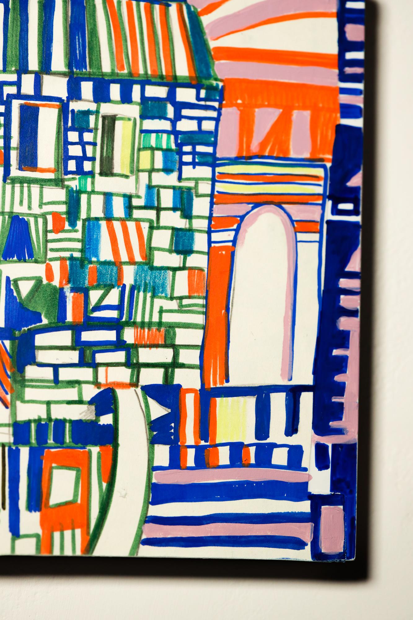 „Residence“ abstrakte Stadtlandschaft, farbenfrohe Reihenhäuser, geometrisch, Marker, Bleistift – Art von Miriam Singer