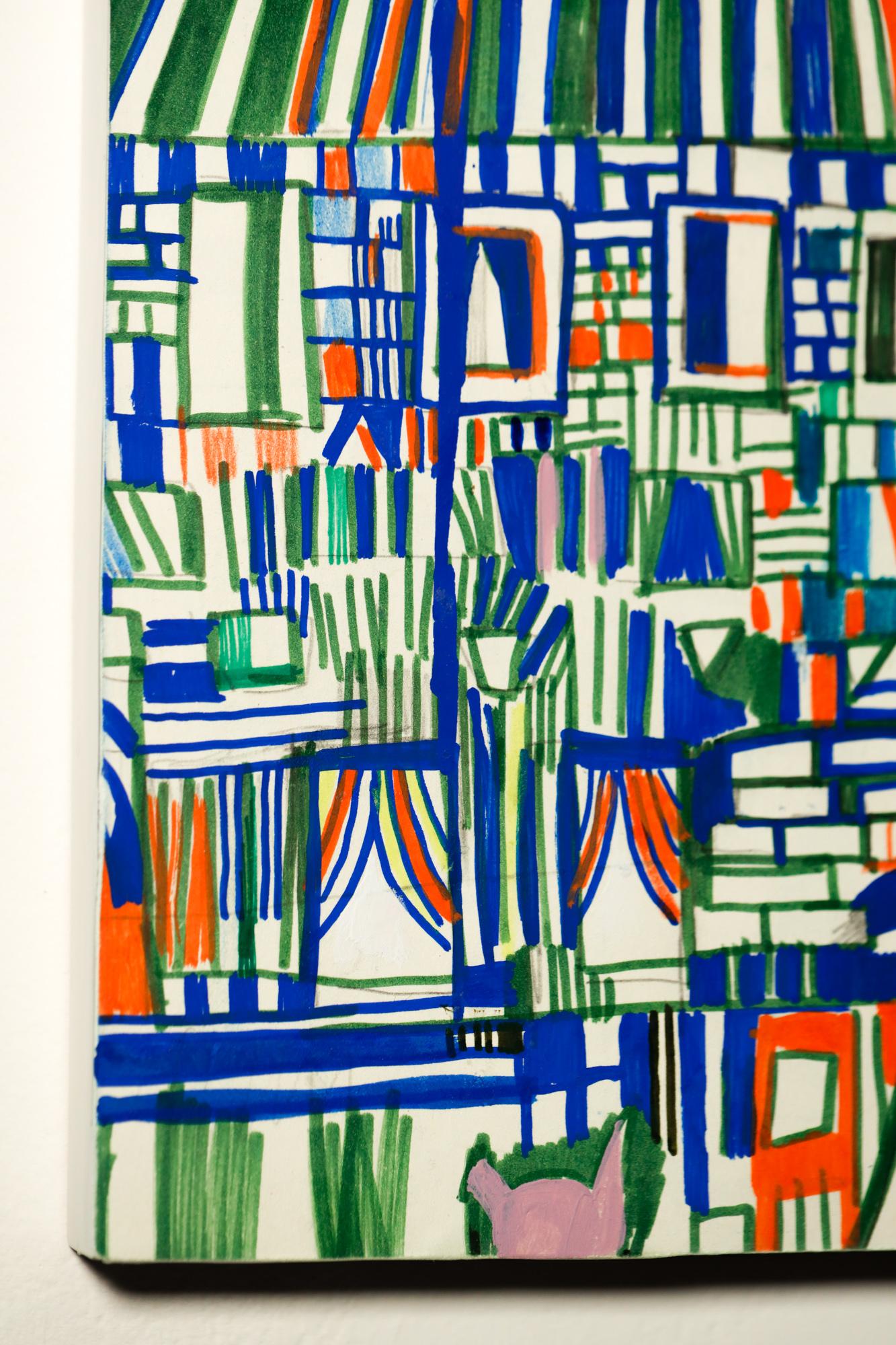 „Residence“ abstrakte Stadtlandschaft, farbenfrohe Reihenhäuser, geometrisch, Marker, Bleistift (Geometrische Abstraktion), Art, von Miriam Singer