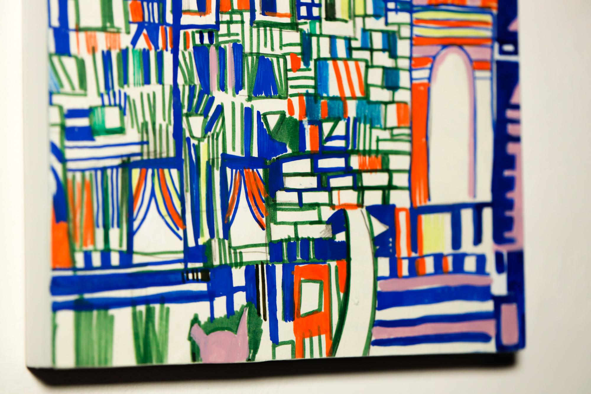 „Residence“ abstrakte Stadtlandschaft, farbenfrohe Reihenhäuser, geometrisch, Marker, Bleistift (Beige), Abstract Drawing, von Miriam Singer