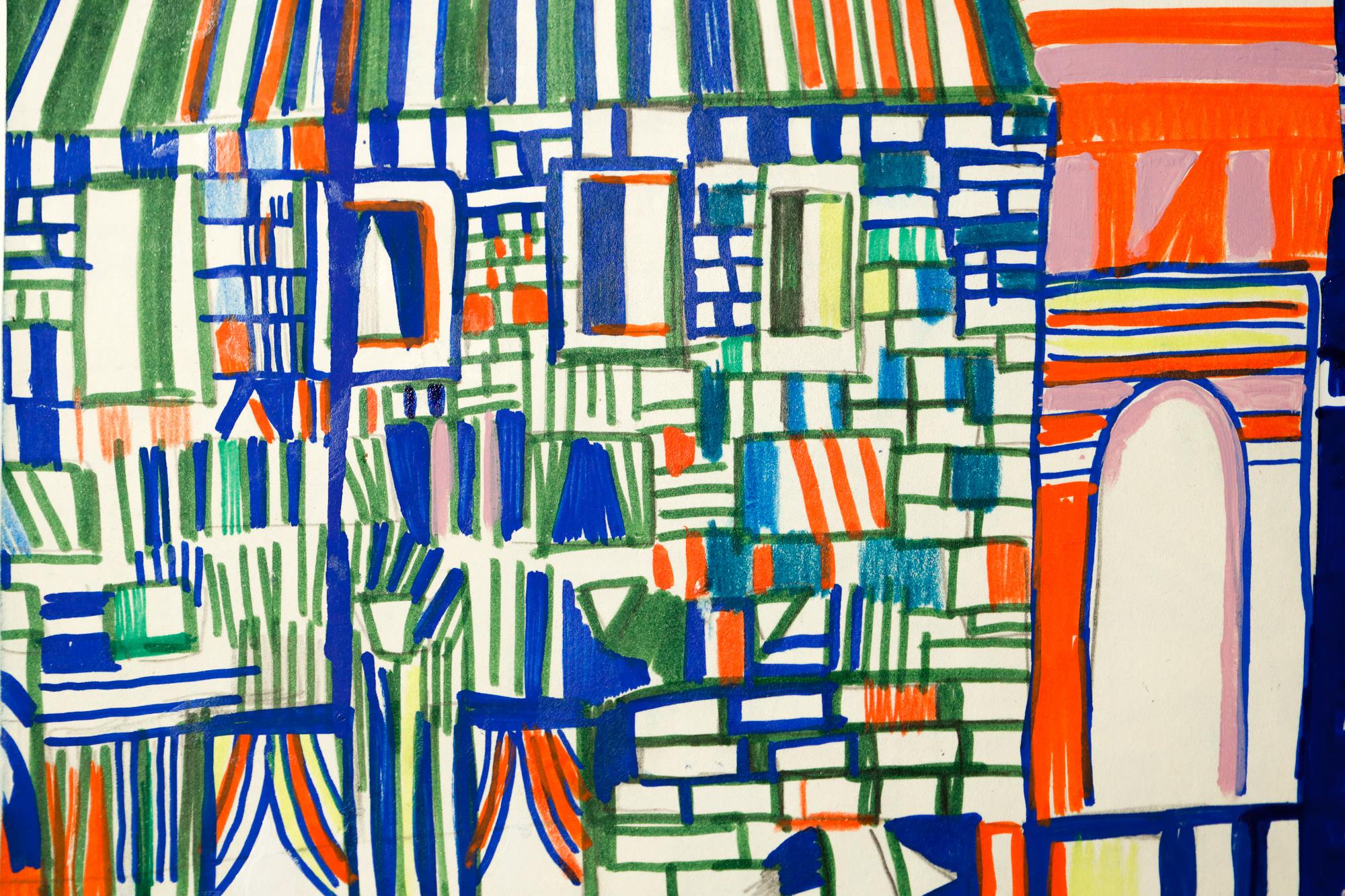 „Residence“ abstrakte Stadtlandschaft, farbenfrohe Reihenhäuser, geometrisch, Marker, Bleistift im Angebot 1