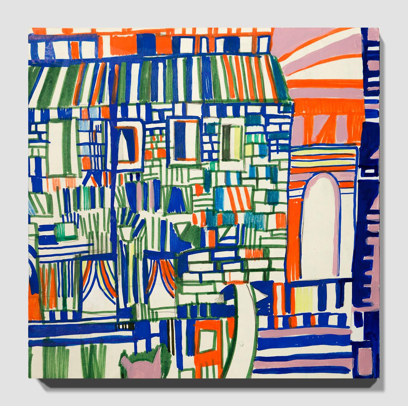 „Residence“ abstrakte Stadtlandschaft, farbenfrohe Reihenhäuser, geometrisch, Marker, Bleistift im Angebot 2