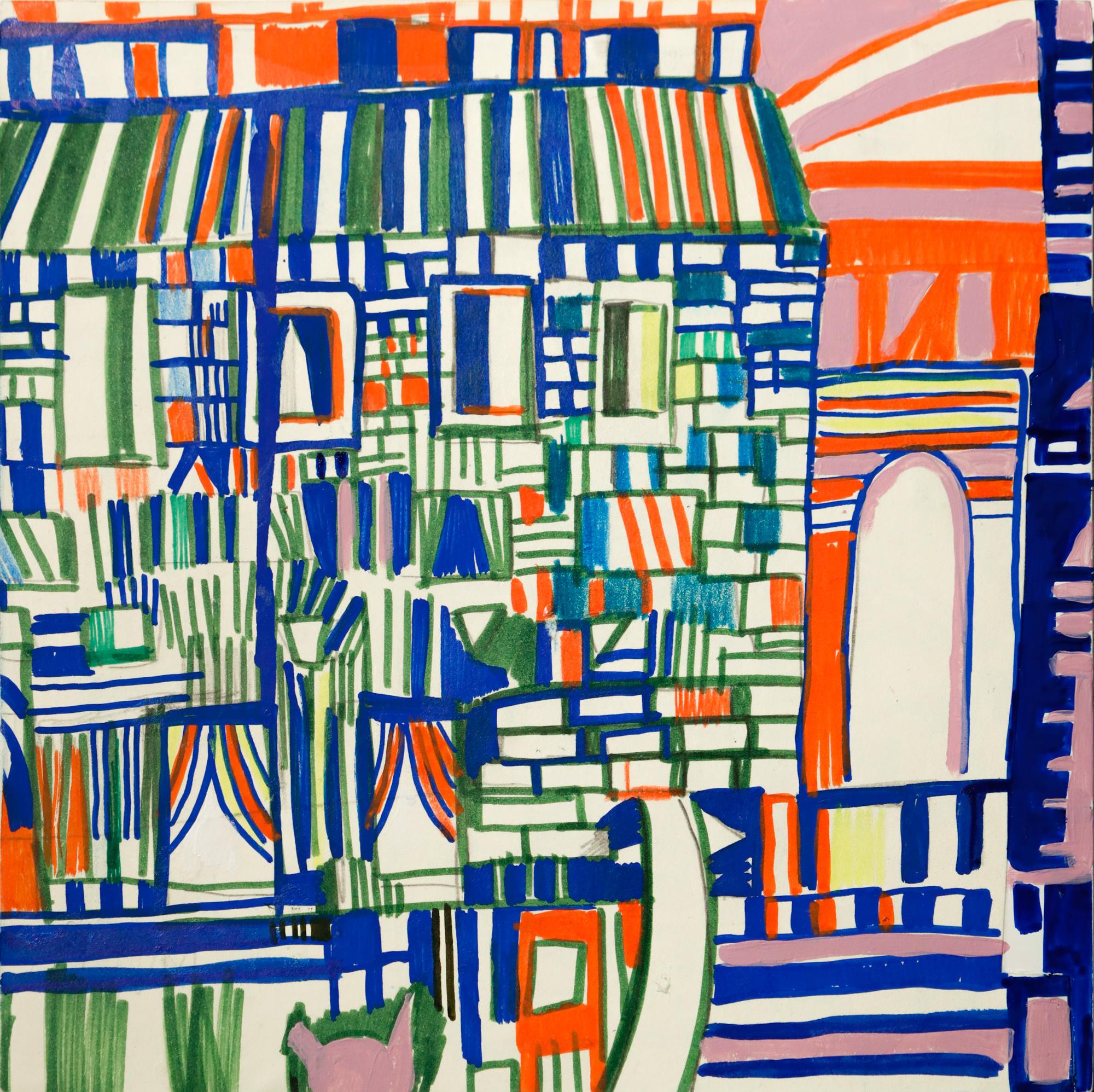 Miriam Singer Abstract Drawing – „Residence“ abstrakte Stadtlandschaft, farbenfrohe Reihenhäuser, geometrisch, Marker, Bleistift