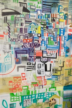 "Vacation City #3" Pittura astratta di paesaggio urbano con elementi di disegno