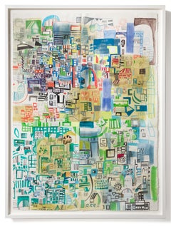 « Vacation City #3 », peinture de paysage urbain abstrait avec éléments de dessin