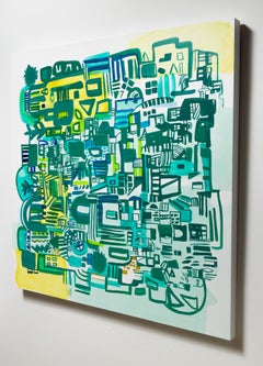 « Souvenirs 3 », paysage urbain abstrait géométrique vert et jaune sur panneau de bois