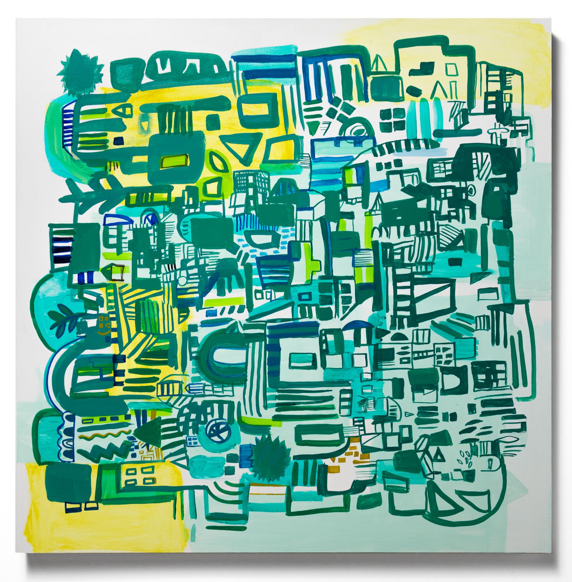 "souvenir 3" Paesaggio urbano astratto geometrico verde e giallo su pannello di Wood