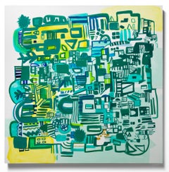 "souvenirs 3" Paisaje urbano abstracto geométrico verde y amarillo sobre panel de madera