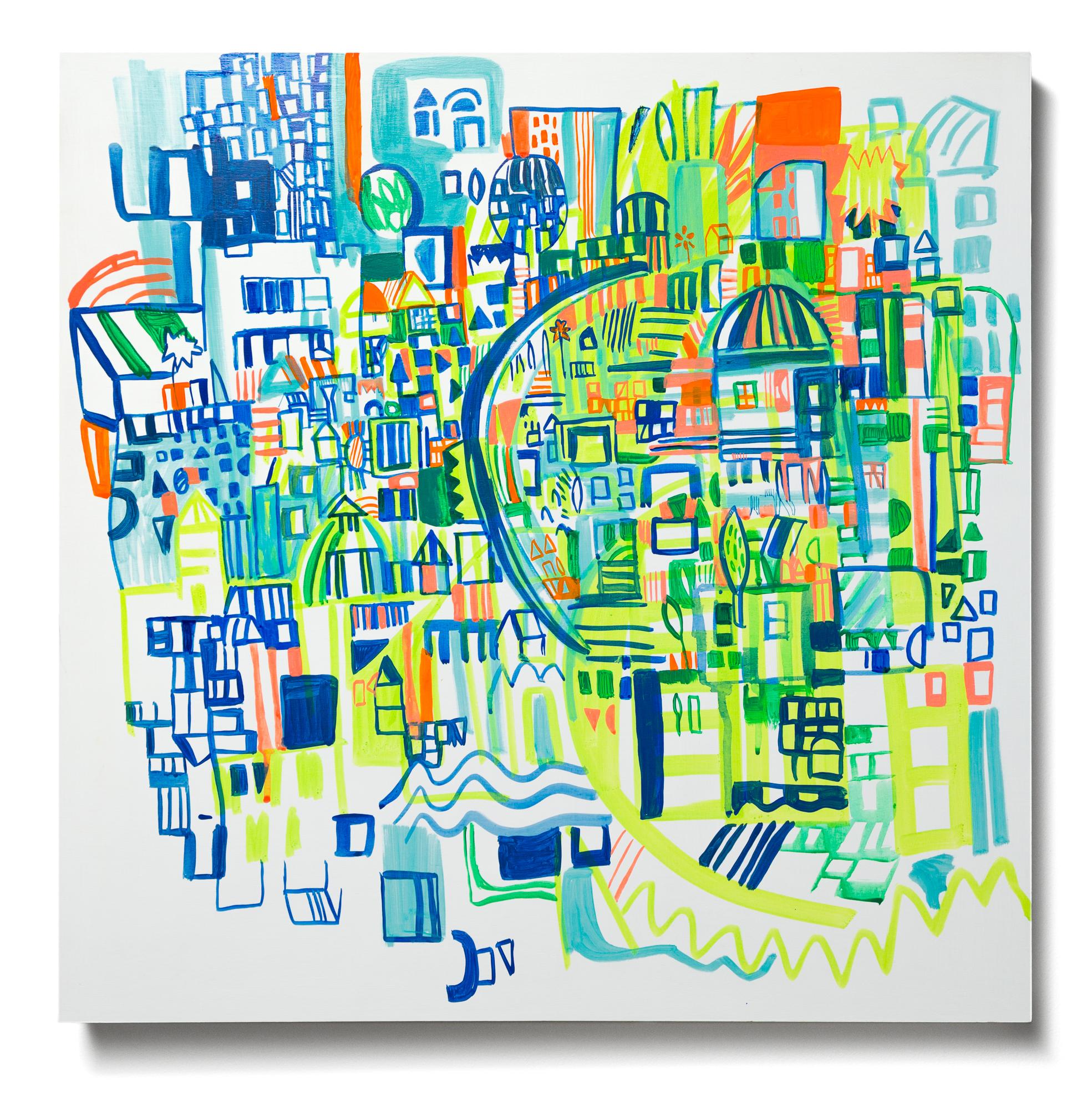 "West Ritner hill" Paesaggio urbano a colori con elementi di astrazione geometrica - Art di Miriam Singer