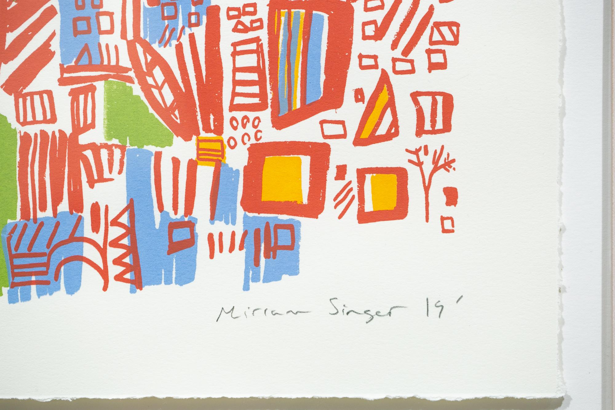 « Road Runner 7 », sérigraphie abstraite, orange, jaune, vert, bleu - Gris Abstract Print par Miriam Singer