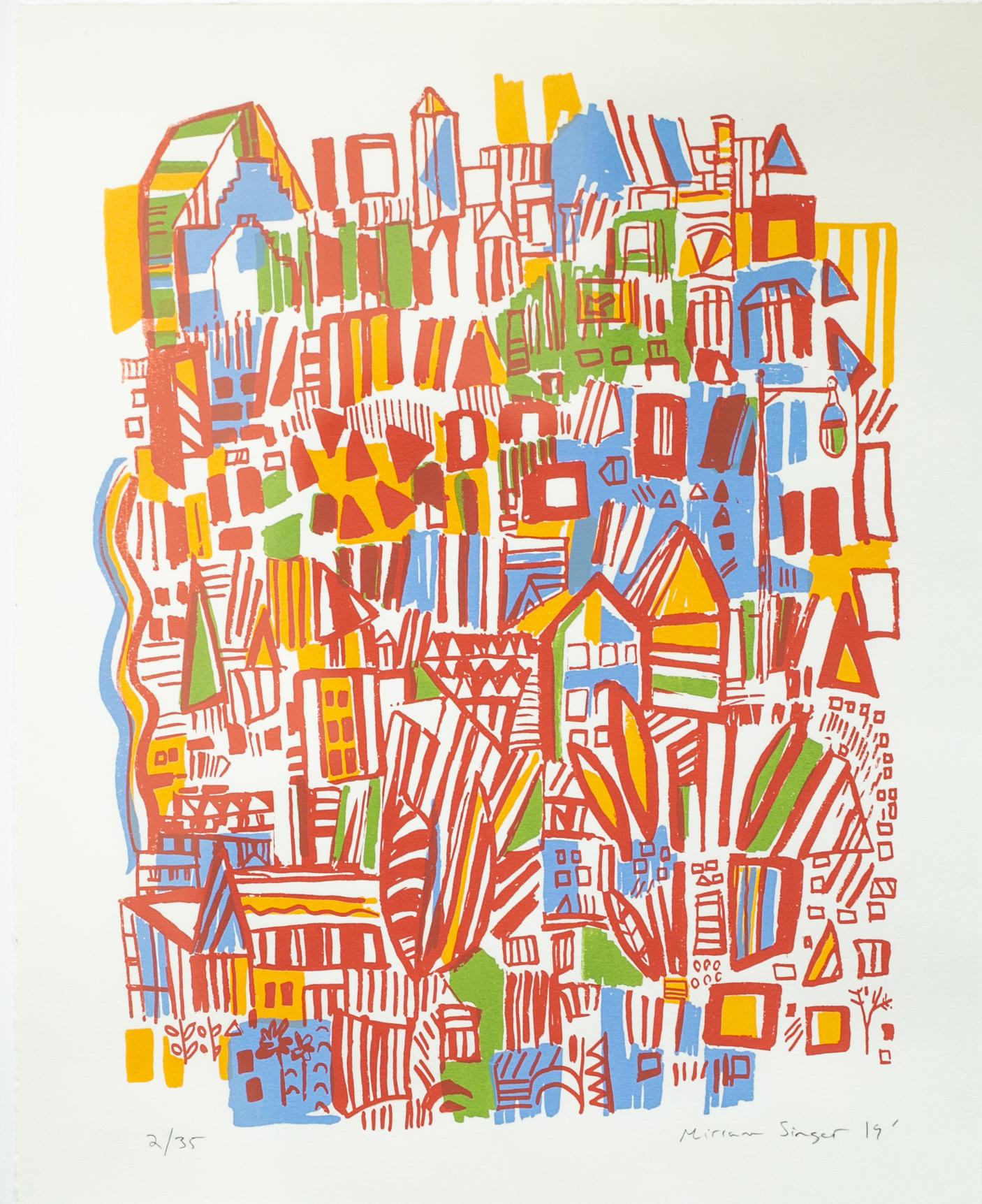 Abstract Print Miriam Singer - « Road Runner 7 », sérigraphie abstraite, orange, jaune, vert, bleu