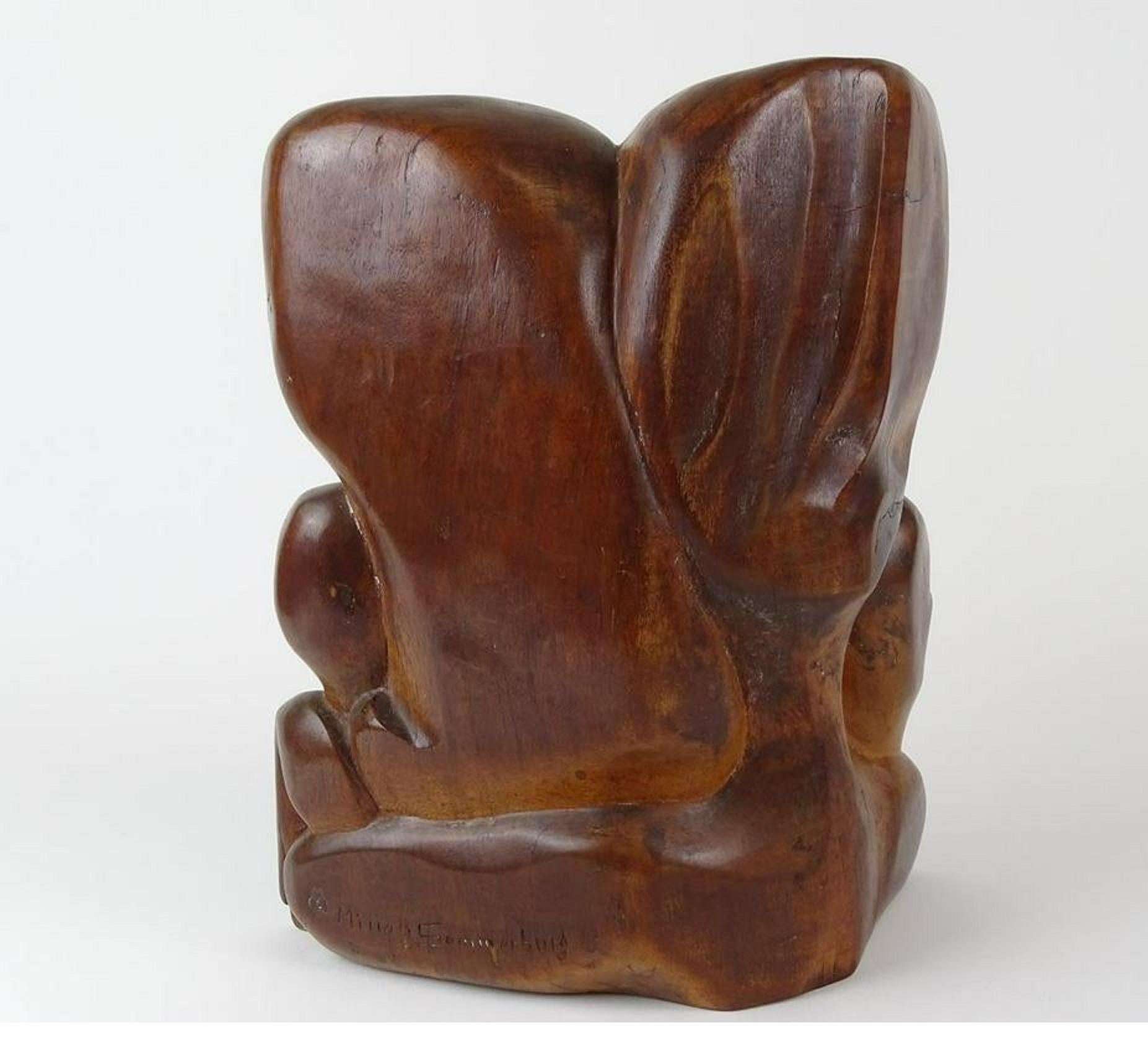 Carved Wood German Expressionist Sculpture Jewish Woman Refugee Artist Judaica - Brown Abstract Sculpture by Miriam Sommerburg