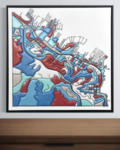 "Sausalito I", Contemporary Textural Aerial Landscape, Red and Cool Blue Palette