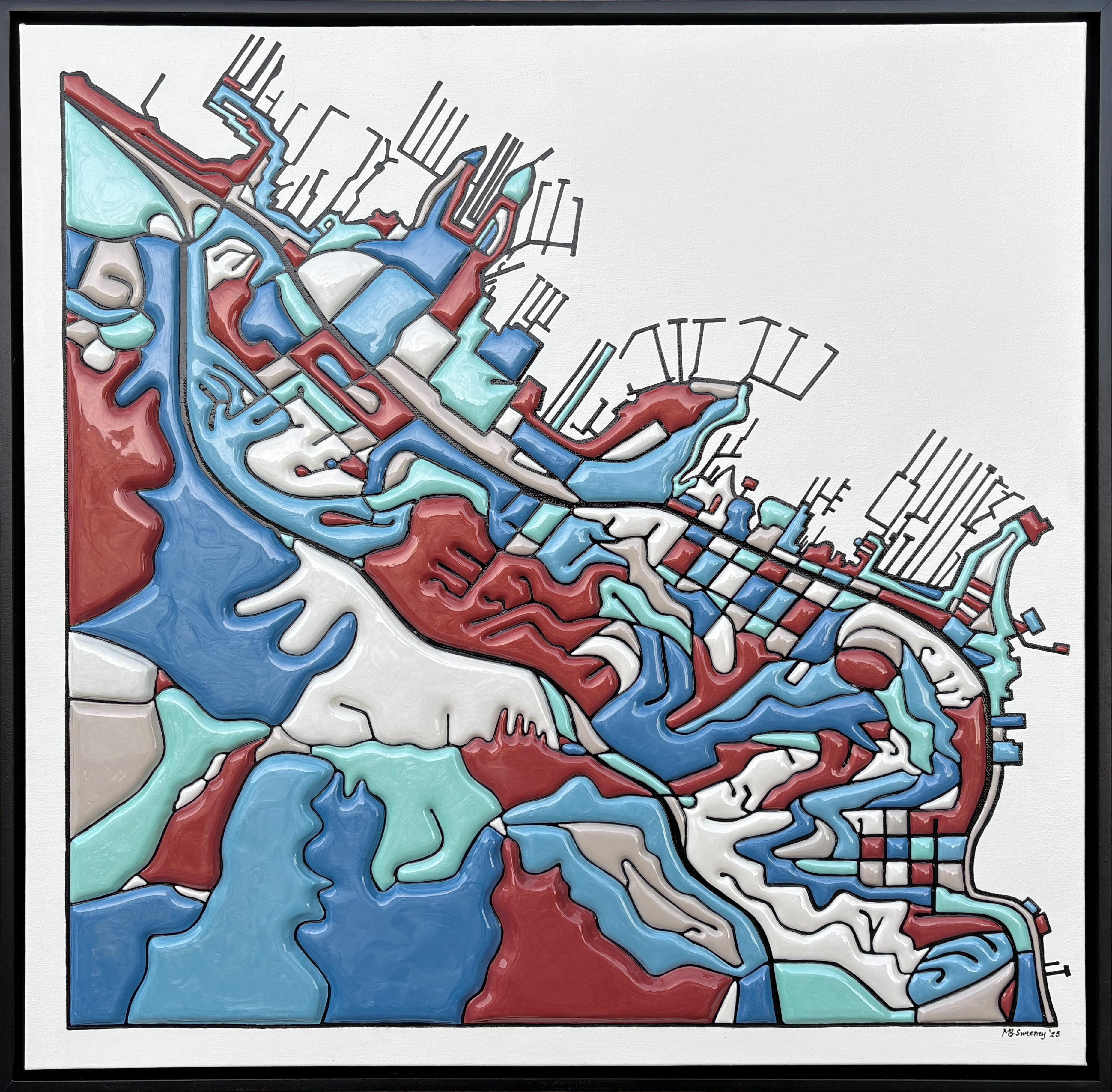 Miriam Sweeney Landscape Painting - "Sausalito I", Contemporary Textural Aerial Landscape, Red and Cool Blue Palette