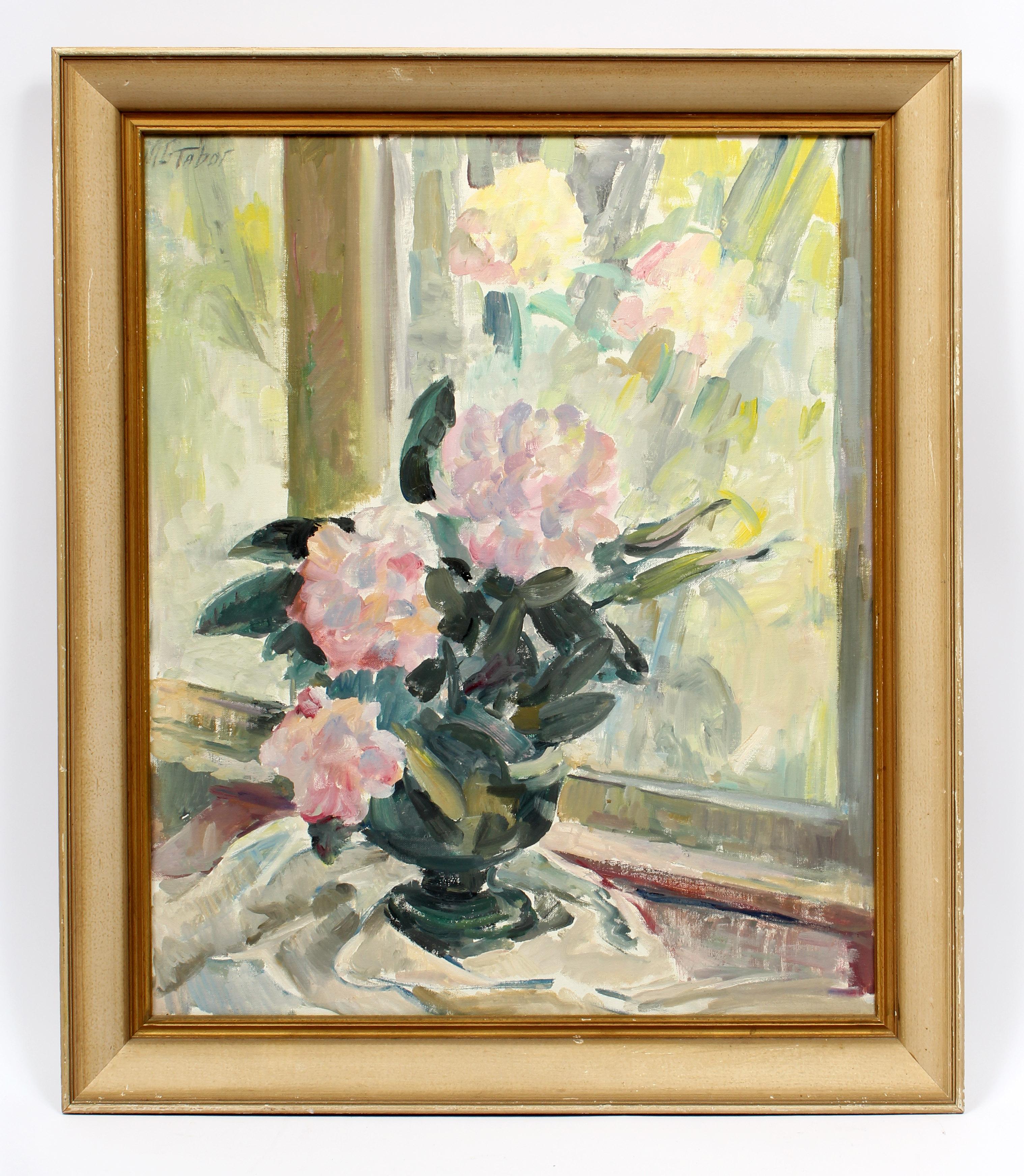 Blumenstillleben aus der Jahrhundertmitte von Miriam Tabor - Öl auf Leinwand im Originalrahmen im Angebot 1