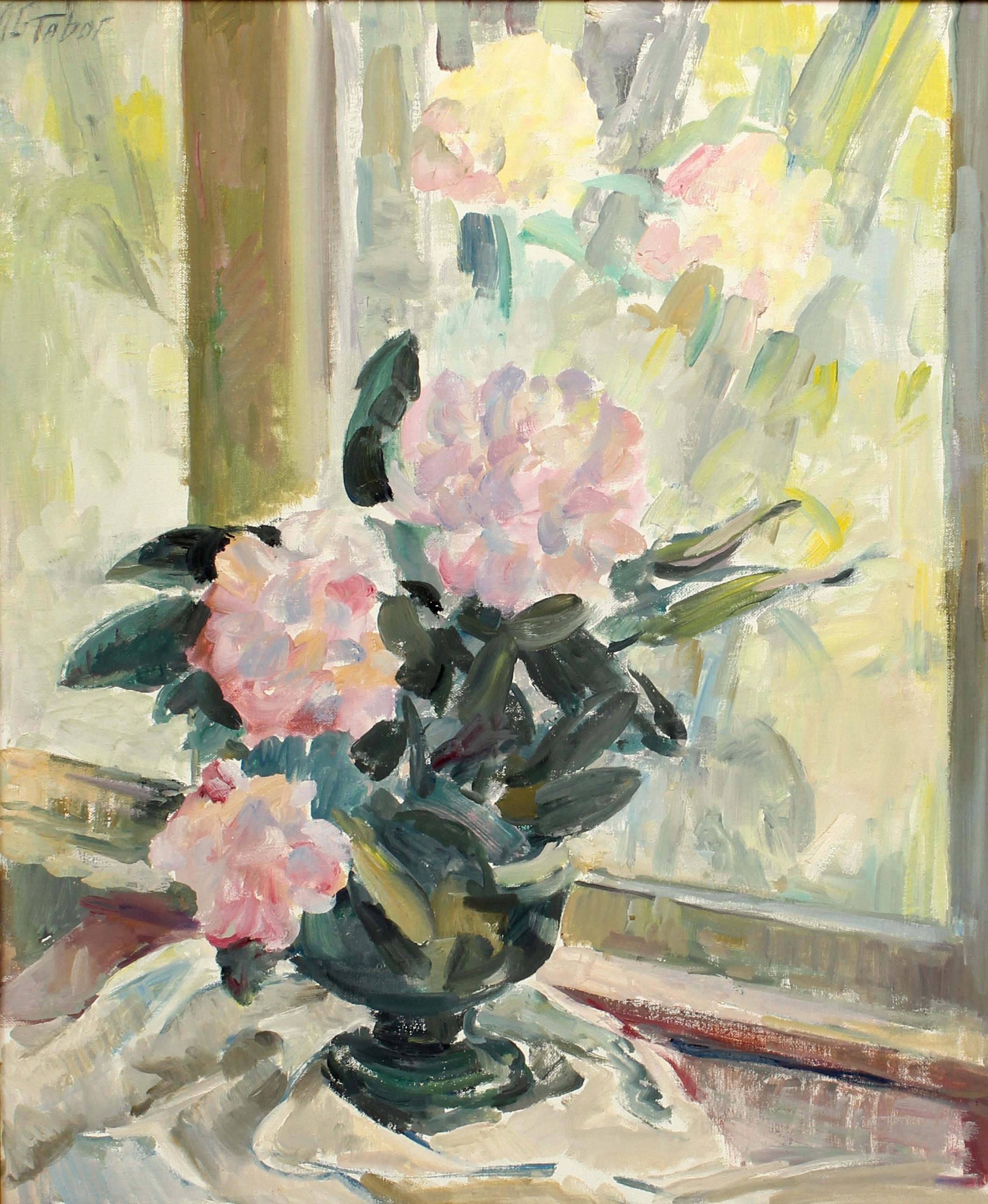 Blumenstillleben aus der Jahrhundertmitte von Miriam Tabor - Öl auf Leinwand im Originalrahmen im Angebot 3