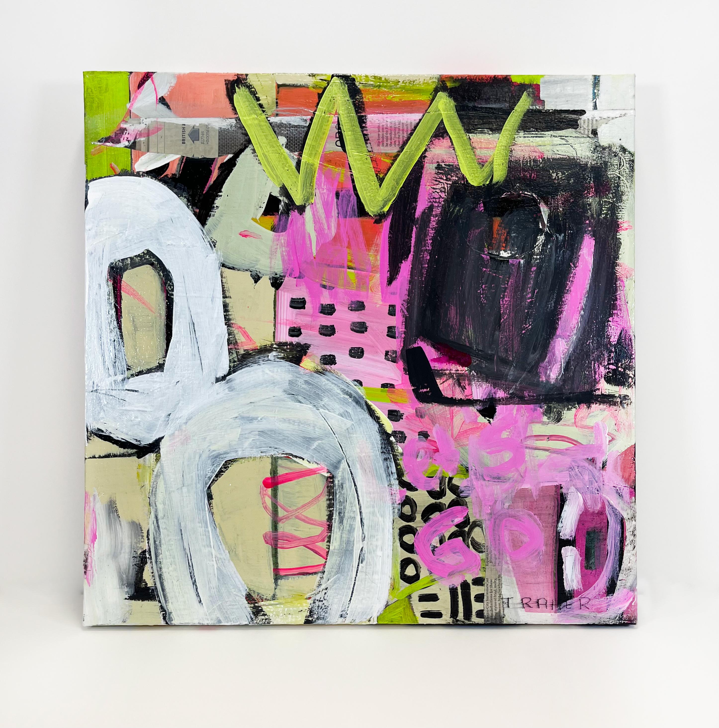 Miriam Traher Abstract Painting - Let’s Just Get on with it OK? bright and colorful pink, white, green abstract 