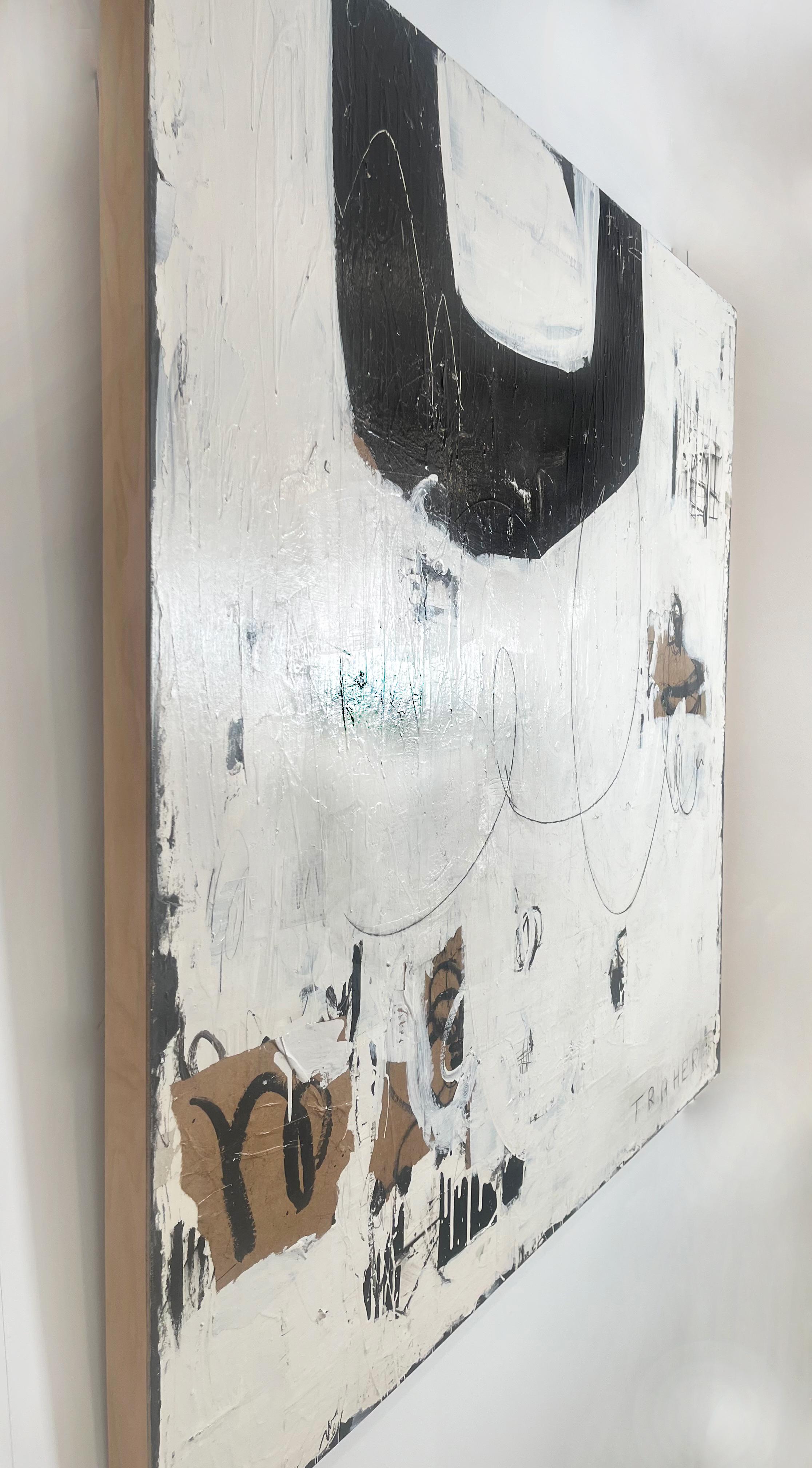 Say what you have to say, large textural abstract on panel, black, white, brown - Painting by Miriam Traher