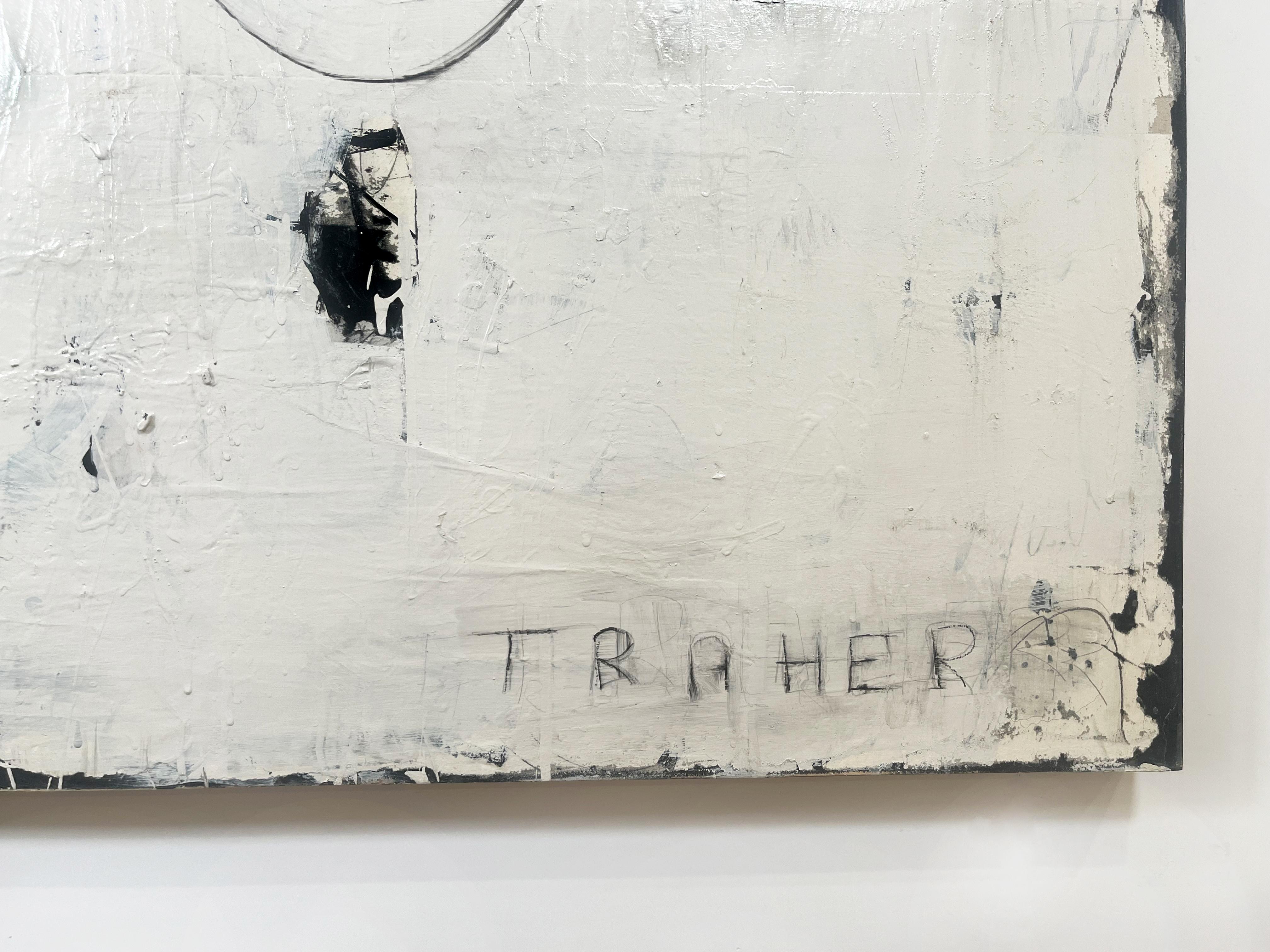 Sag, was du zu sagen hast, große abstrakte Textur auf Tafel, schwarz, weiß, braun (Abstrakt), Painting, von Miriam Traher