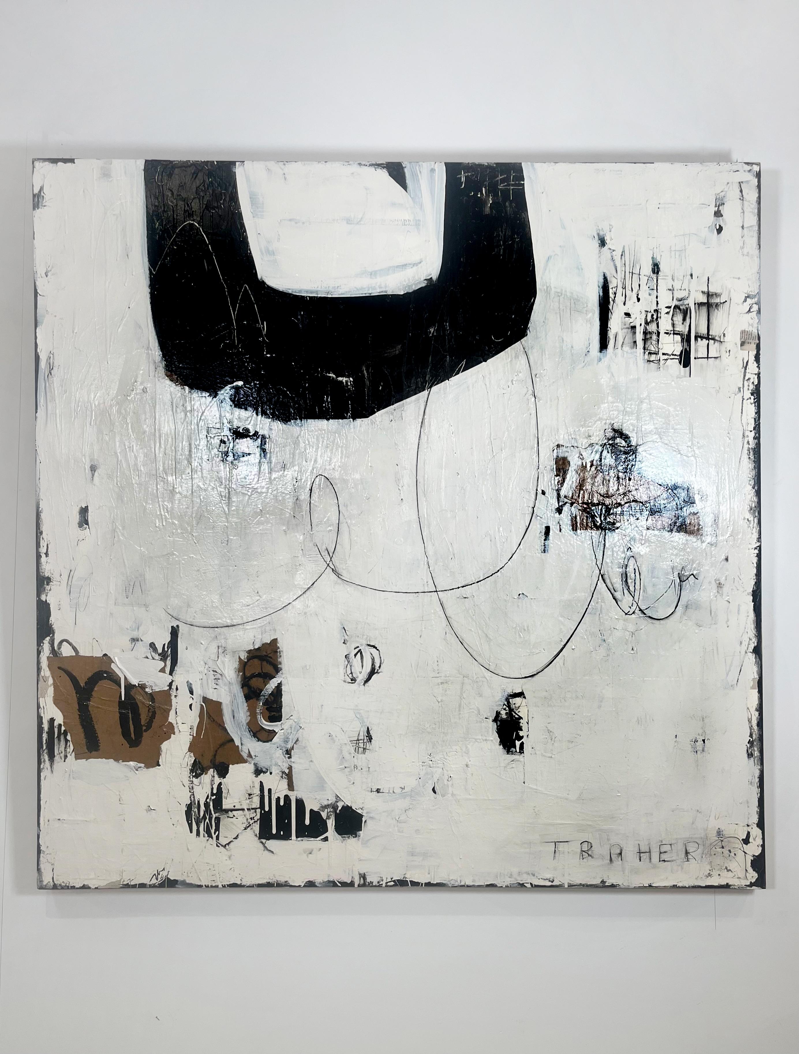 Say what you have to say, large textural abstract on panel, black, white, brown
