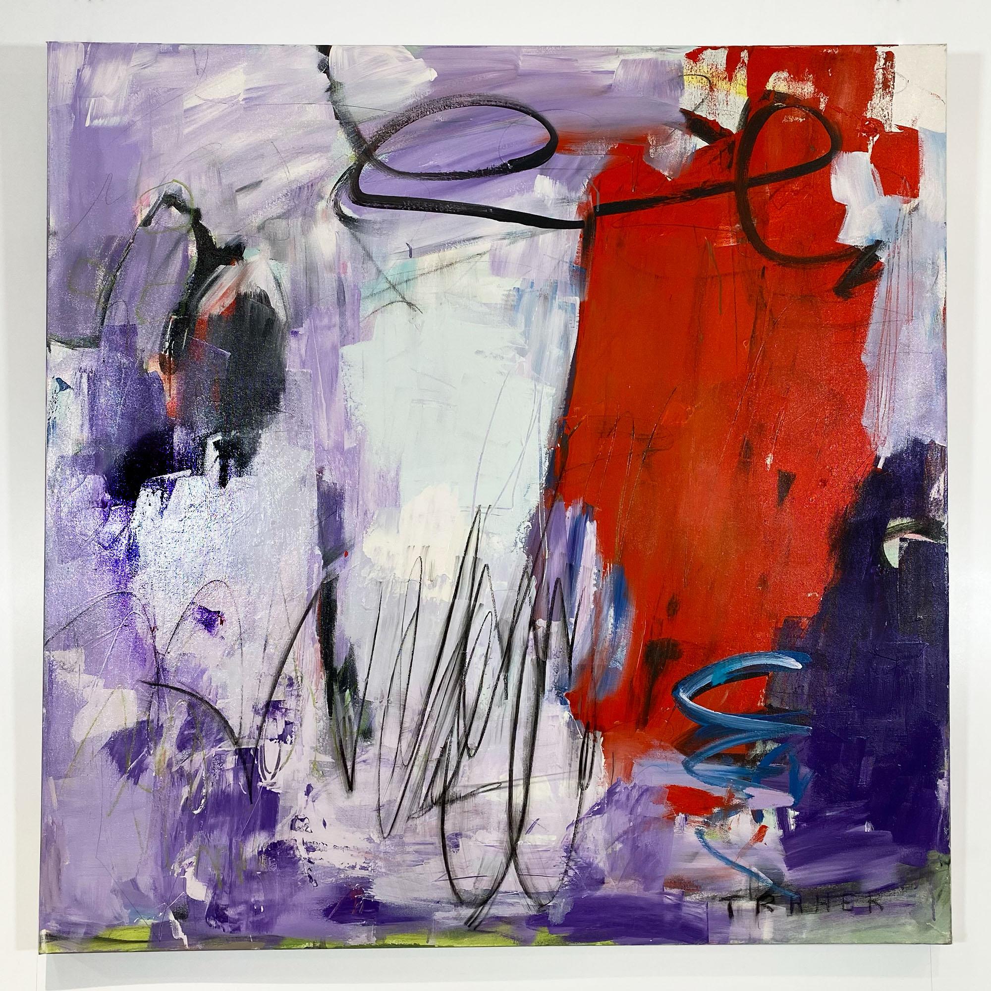 Sie entschied sich für Red Was Farbe, ausdrucksstarkes abstraktes lila und rotes Gemälde, 2023 – Mixed Media Art von Miriam Traher