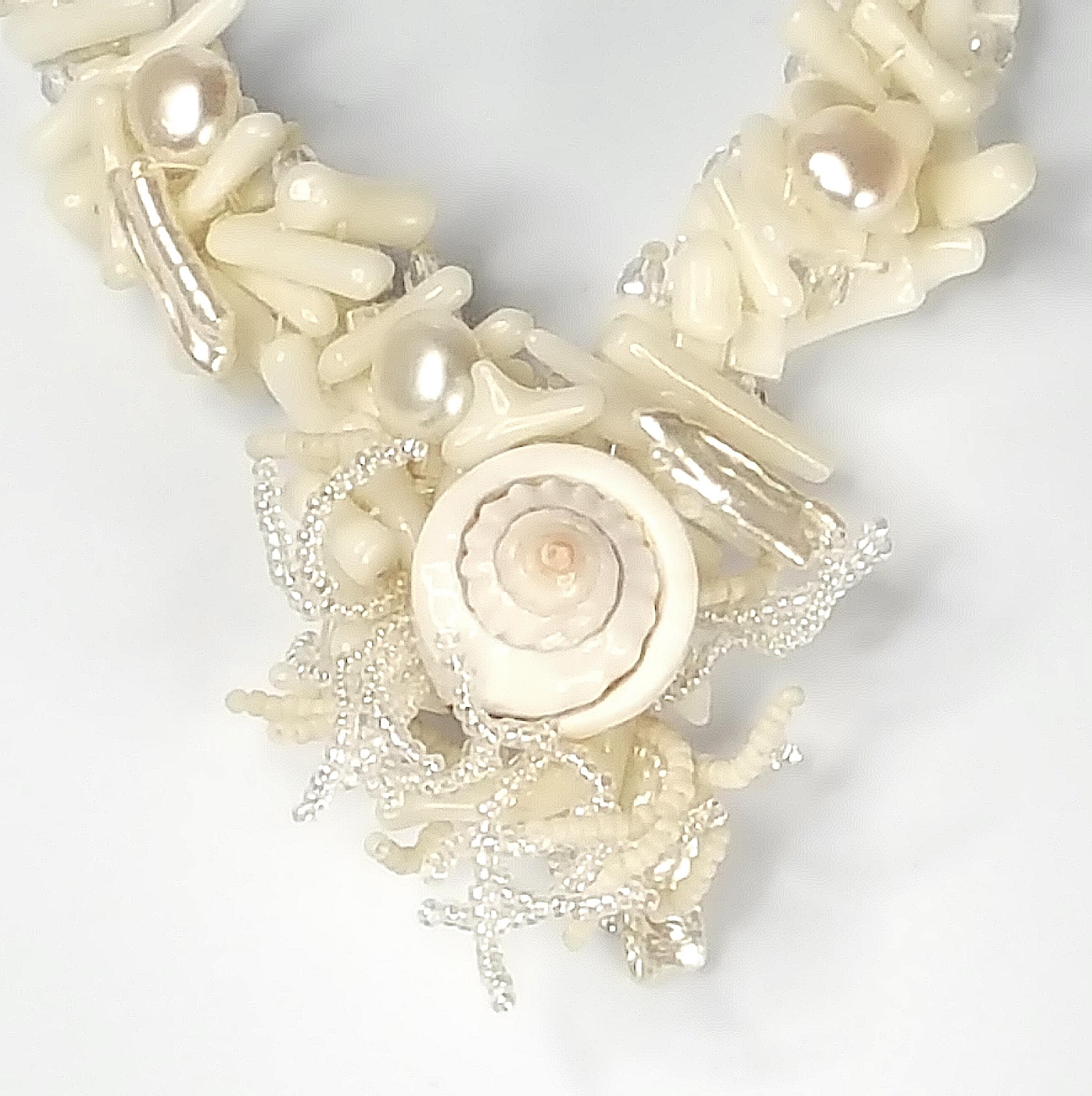 Bead MiriamHaskell 1926-1929 FrankHess Glass Crystal Shell Pearl Coral Silver Sautoir For Sale
