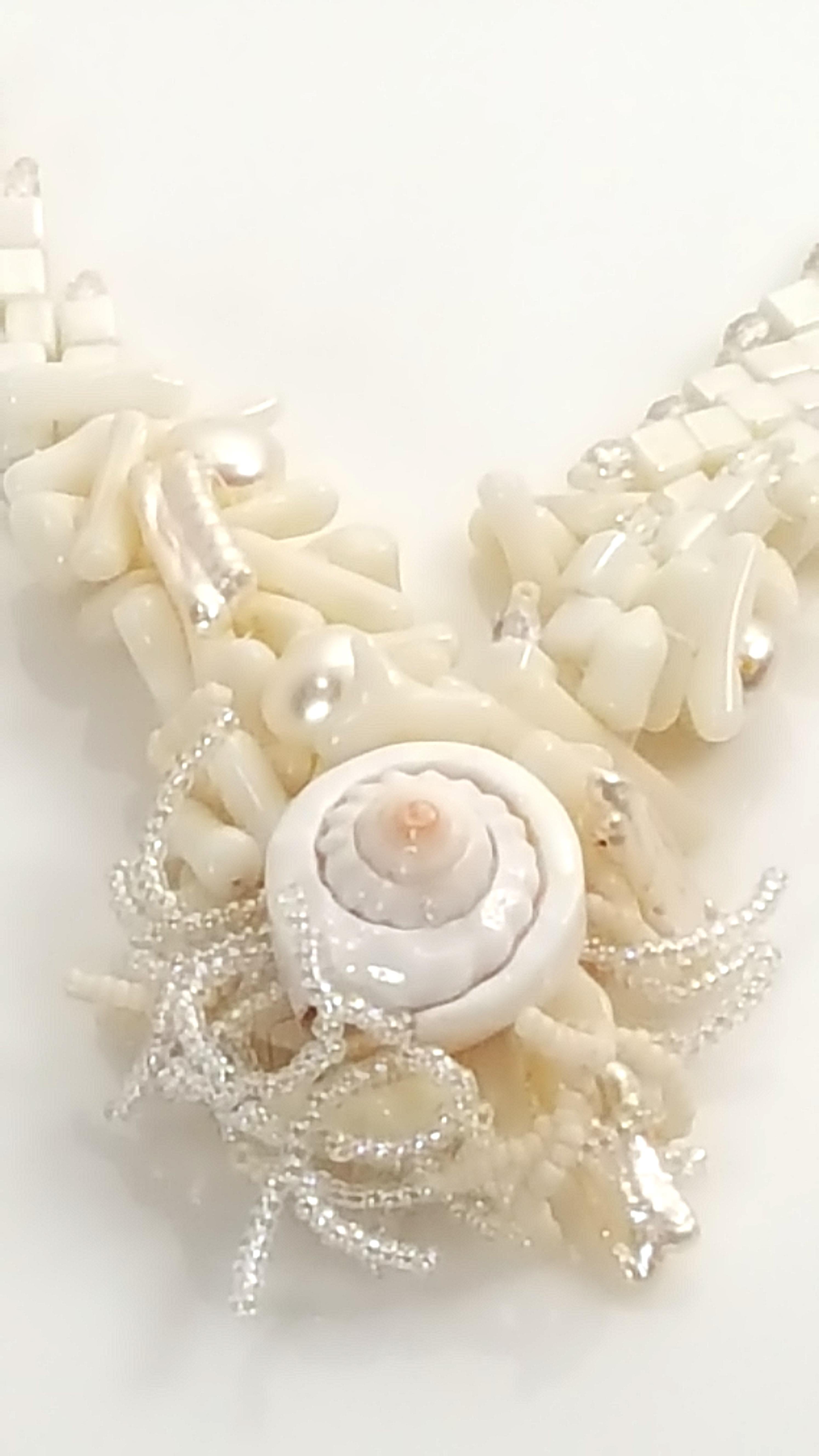 Women's or Men's MiriamHaskell 1926-1929 FrankHess Glass Crystal Shell Pearl Coral Silver Sautoir For Sale