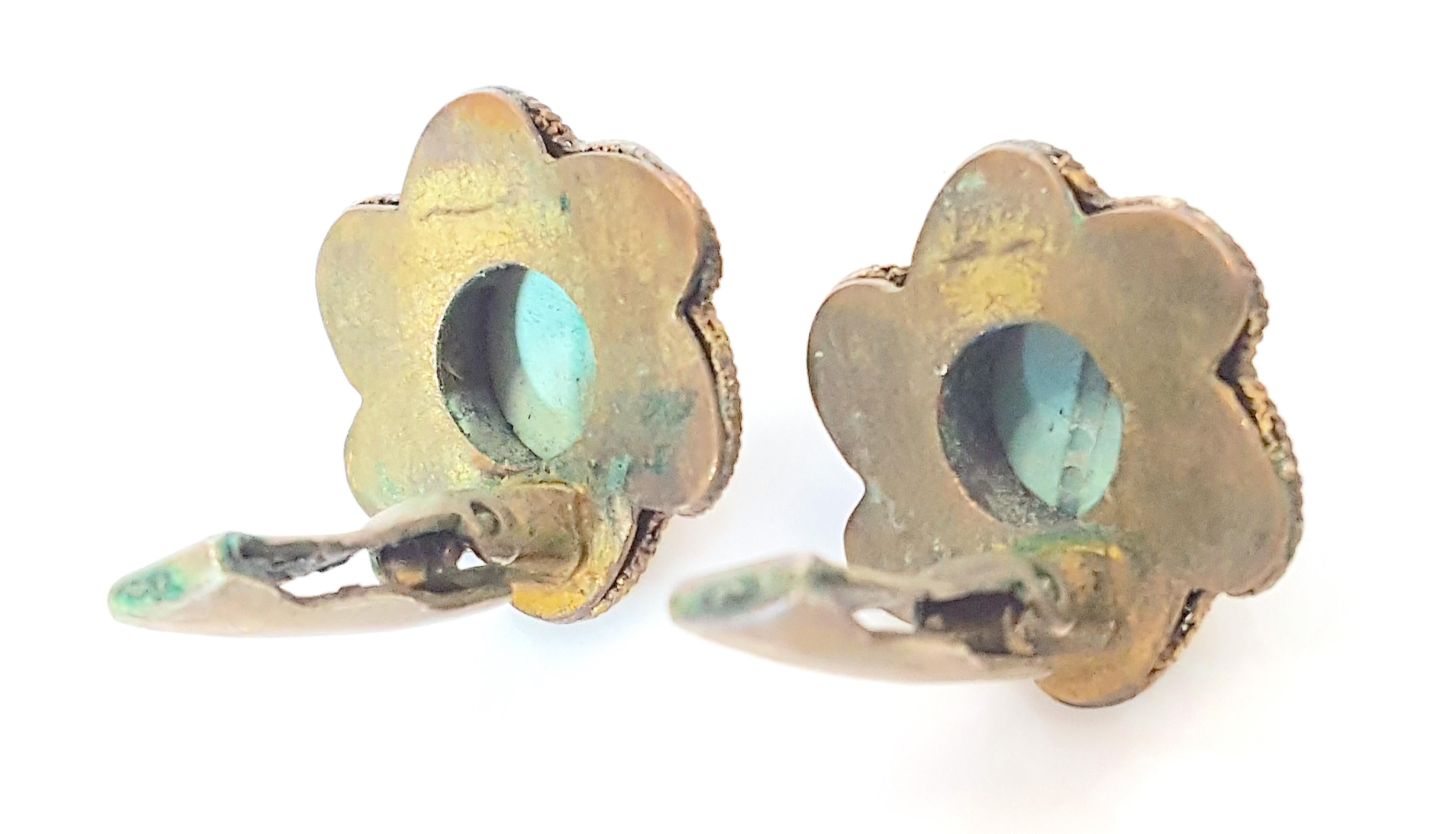 Taille cabochon MiriamHaskell - Boucles d'oreilles clip en laiton émaillé et doré style Art Déco 1926-39 avec diamants et goutte d'eau en vente