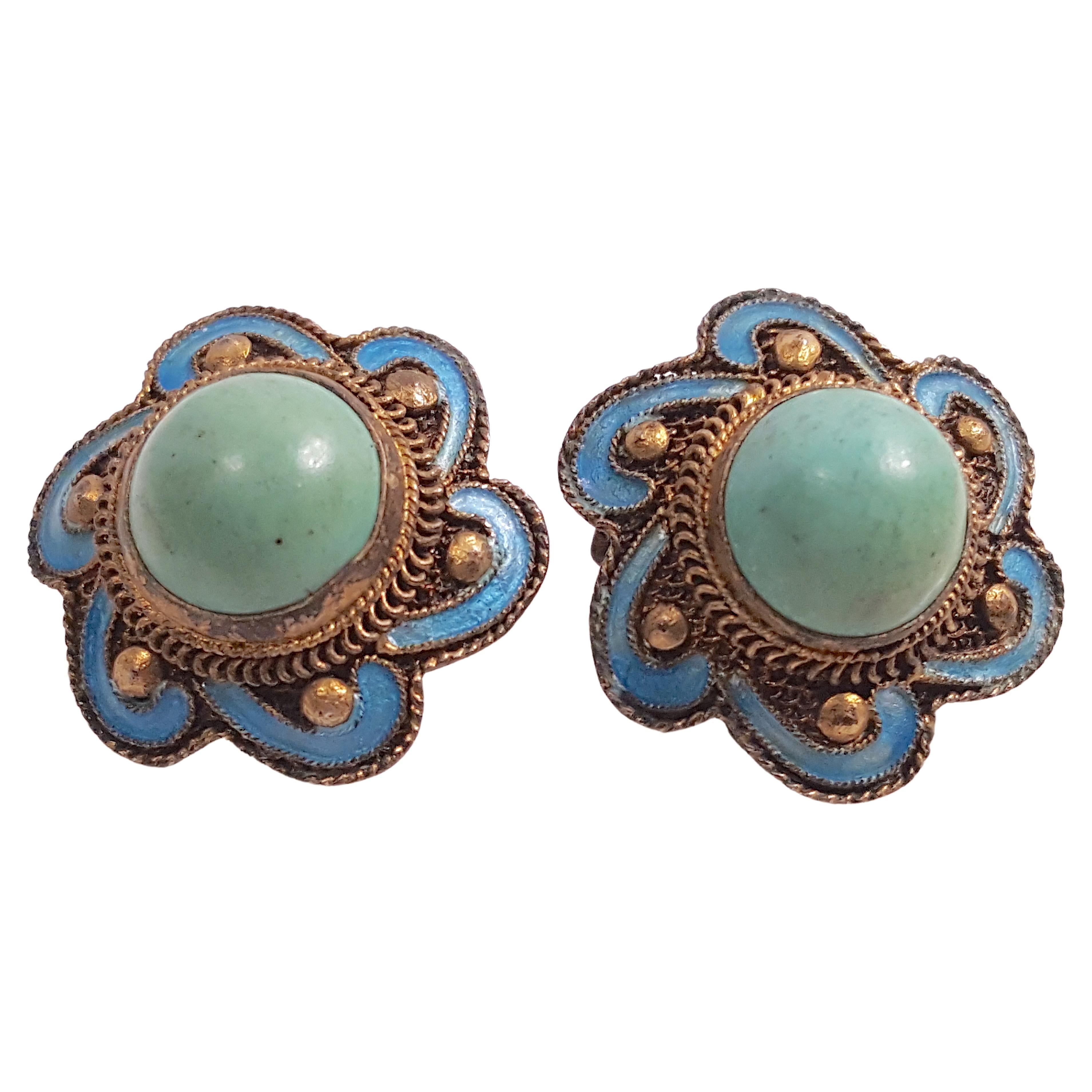 MiriamHaskell 1926-39 ArtDeco Enamel Aqua GiltFiligree Scallop BrassClipEarrings