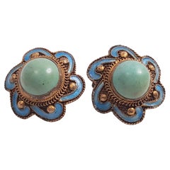 MiriamHaskell 1926-39 ArtDeco Enameled Aqua Gilt Filigree Scallop Brass Earrings