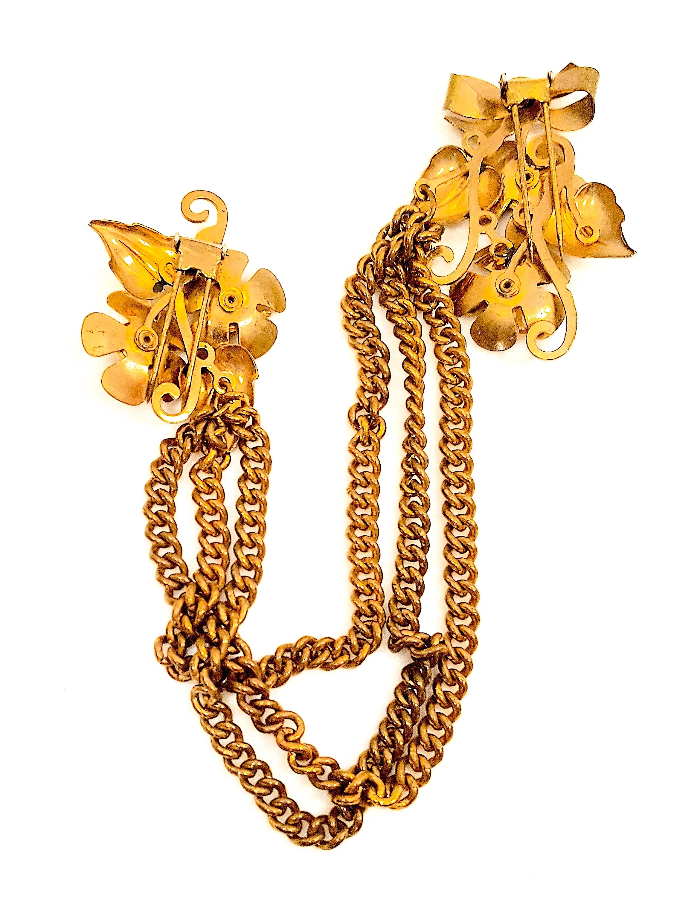 MiriamHaskell c1929 FrankHess Rare FurClips GoldGiltBrass 3 KetteFloraBow Lariat, MiriamHaskell  im Zustand „Gut“ im Angebot in Chicago, IL