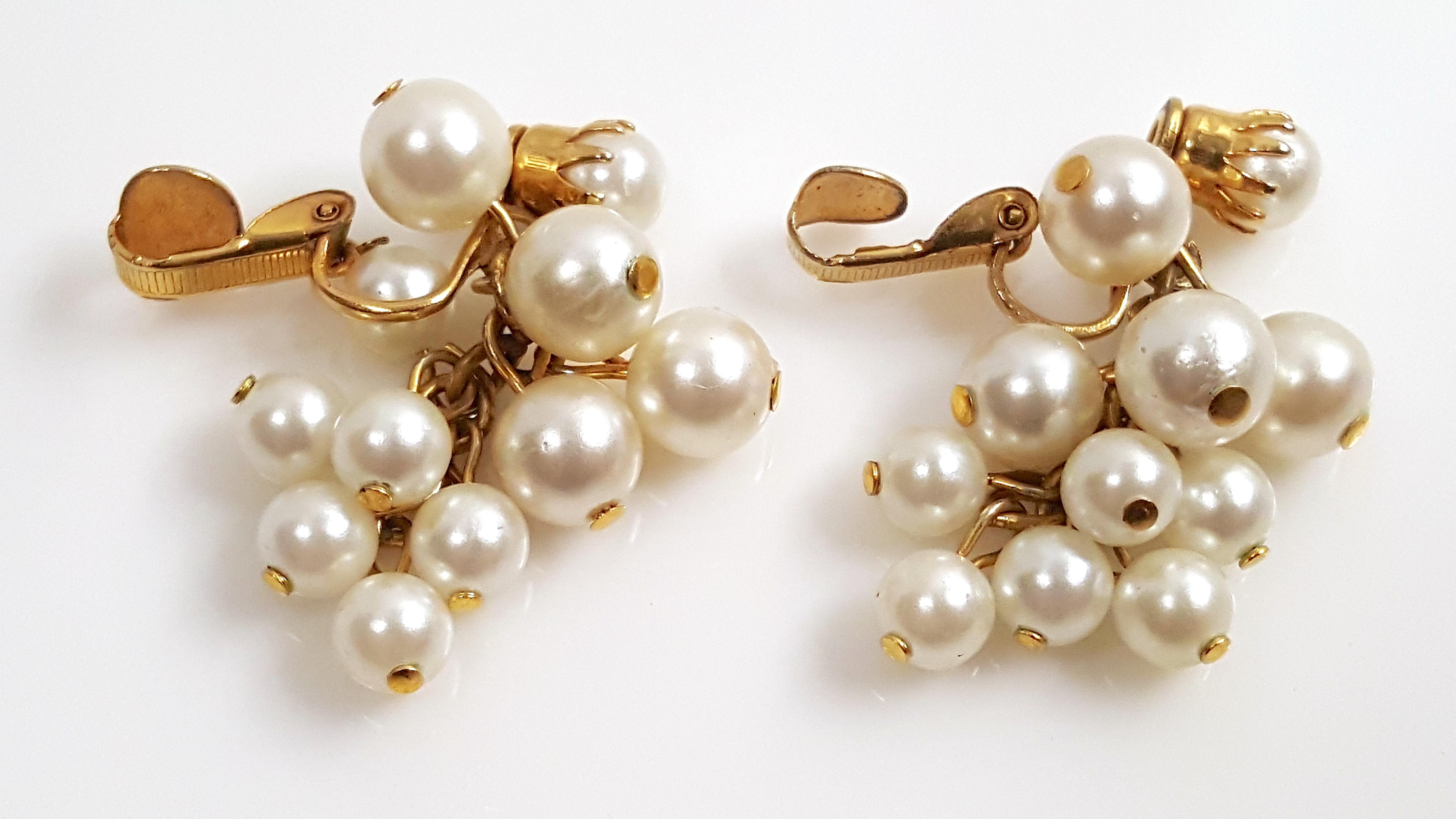 Perle MiriamHaskell 1930s HESS GlassFauxPearl ClusterCascade FrenchClip DangleEarrings en vente