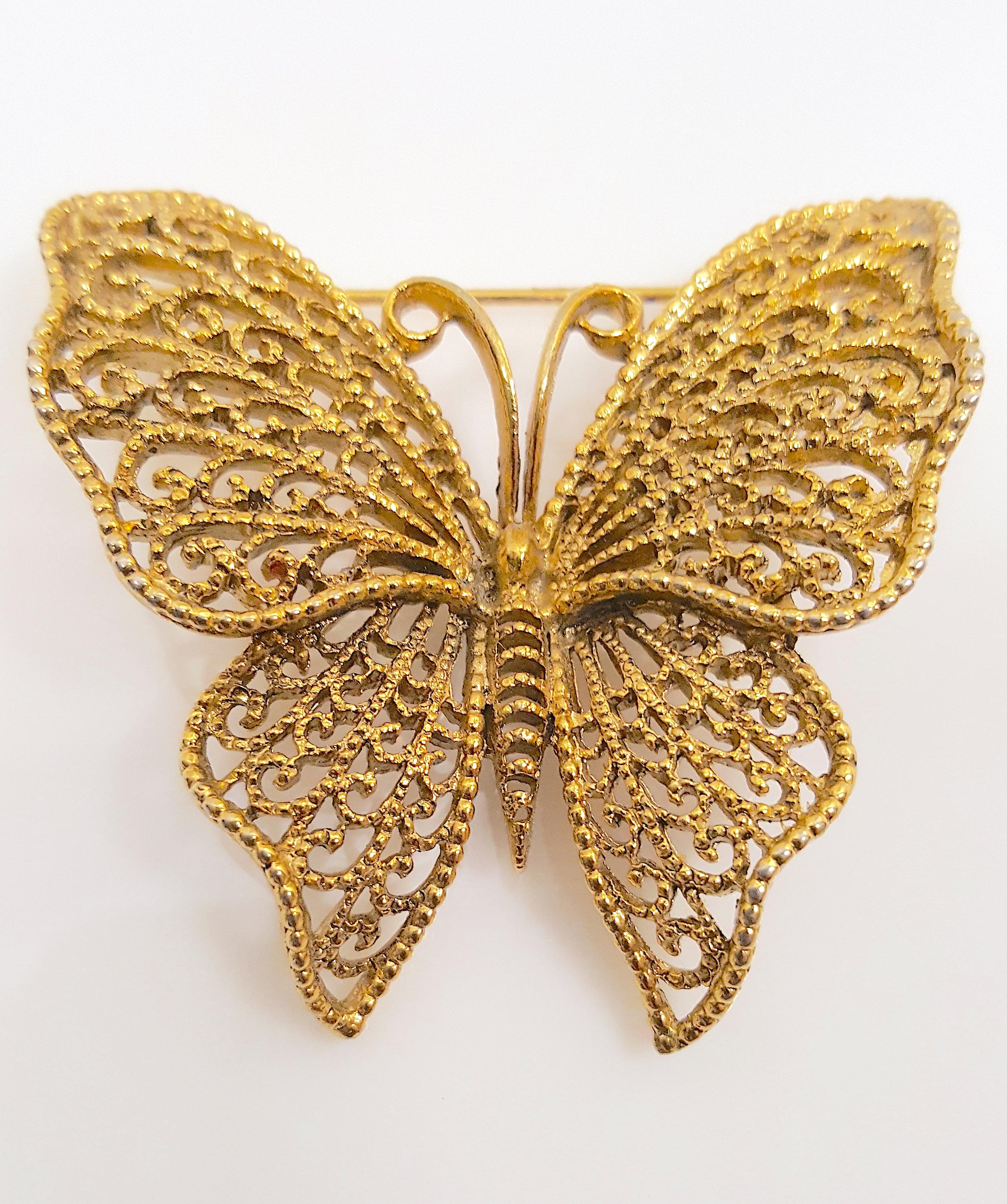 Art Nouveau MiriamHaskell WWII Era FrankHess GoldGiltCast Filigree Butterfly Brooch For Sale