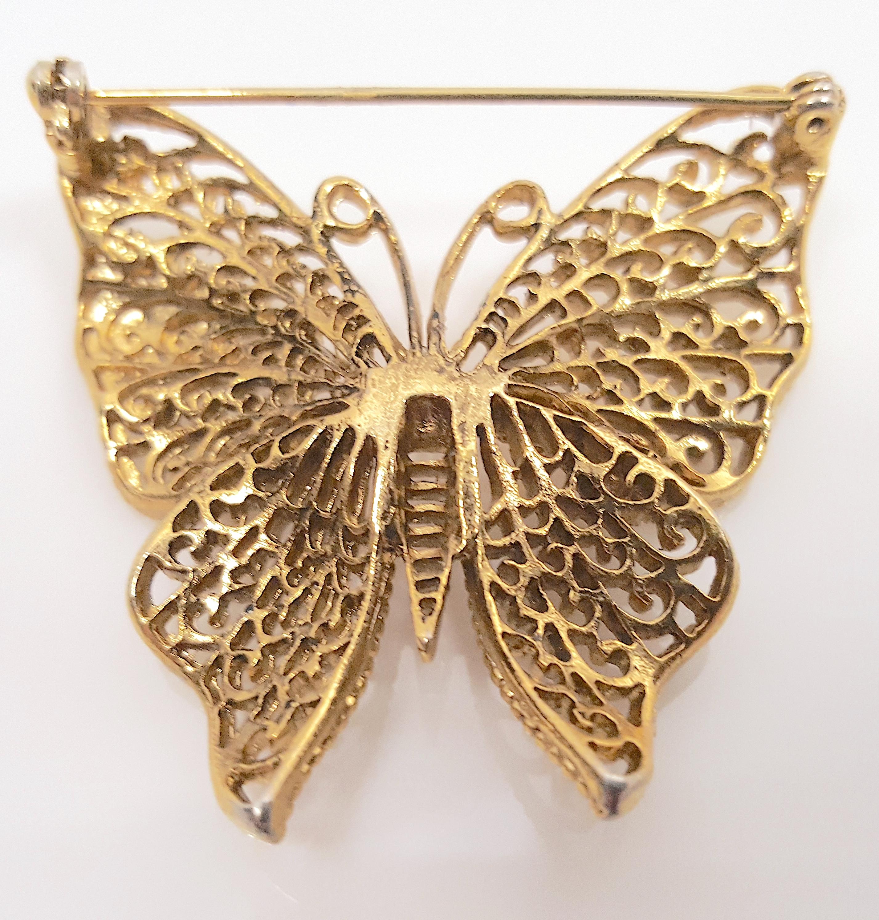 MiriamHaskell WWII Era FrankHess GoldGiltCast Filigree Butterfly Brooch In Good Condition For Sale In Chicago, IL