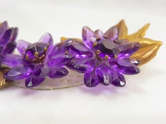 MiriamHaskell WWII PurpleGlassFlowers GoldLeaves WiredPlasticBack Pre1945 Brooch
