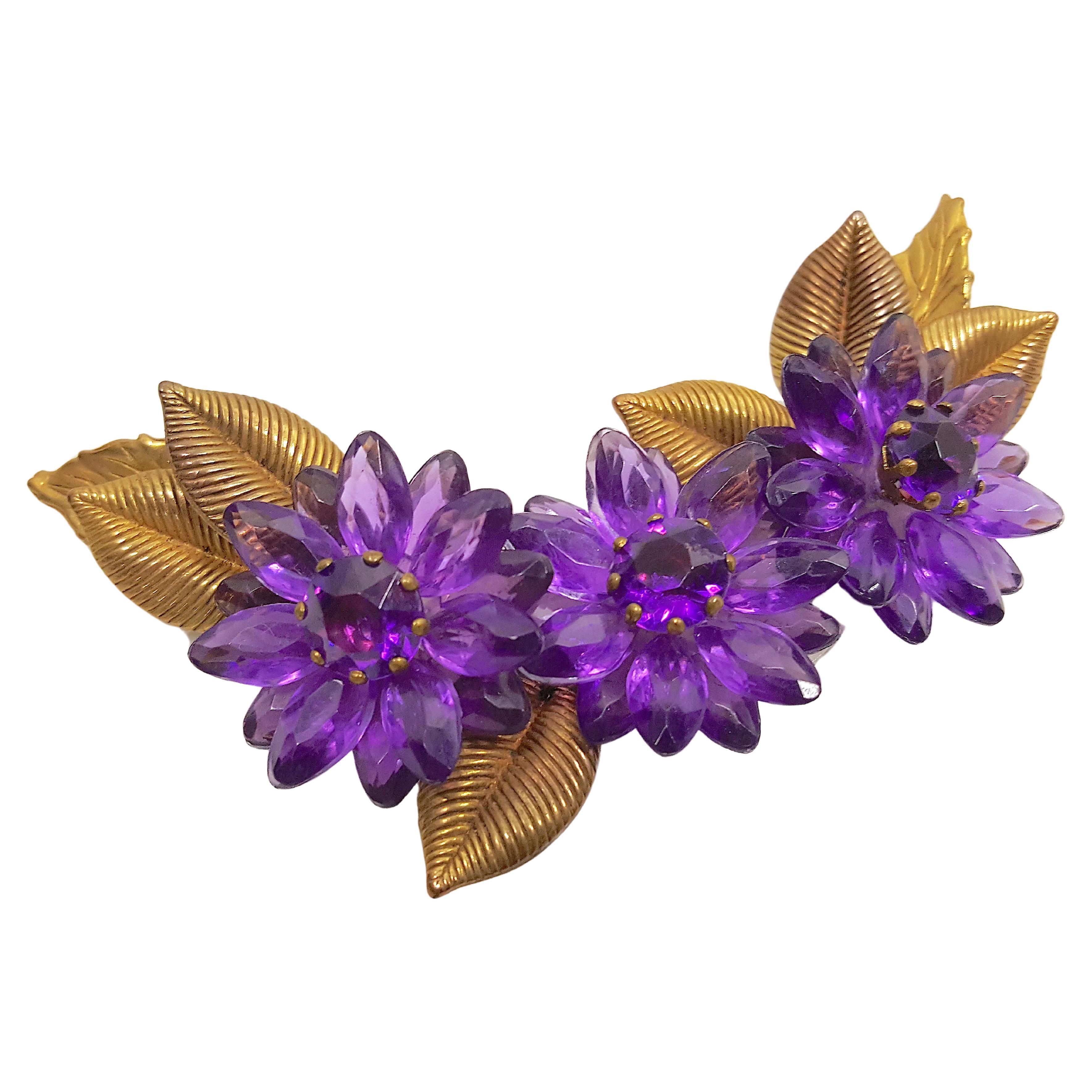 MiriamHaskell WWII FrankHess Lila Glaswaren-Glas-Flowers Gold Leaves Verdrahtete Glasur-Brosche im Angebot