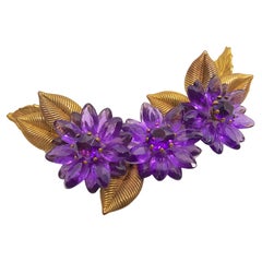 MiriamHaskell WWII FrankHesss PurpleGlassFlowers Gold Leaves WiredPlastic BackBroche