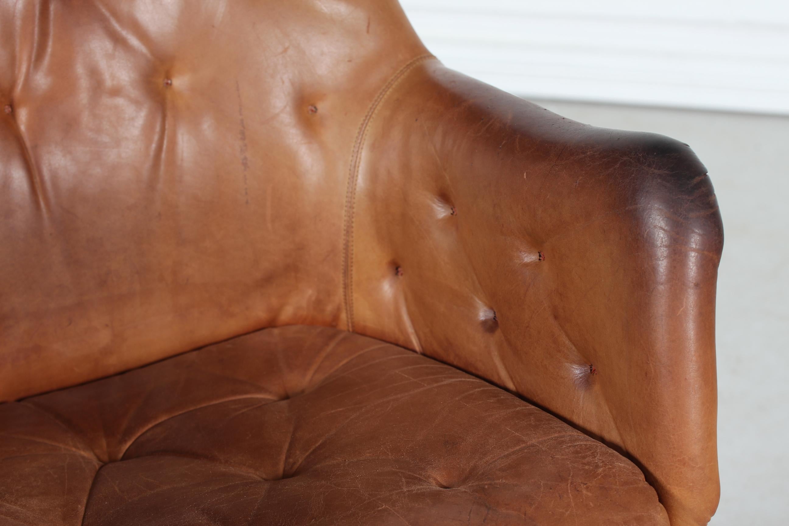 Mirja Dux Easy Chair Cognac Colored Leather Cushions Scandinavian Modern 1970s For Sale 1